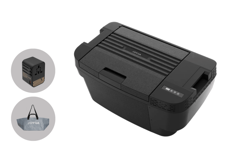 The JOWUA Car Refrigerator for Tesla Model Y is shown with a gray carrying bag and travel adapter, highlighting its USB-C power mode for convenience, all placed on a light gray background.