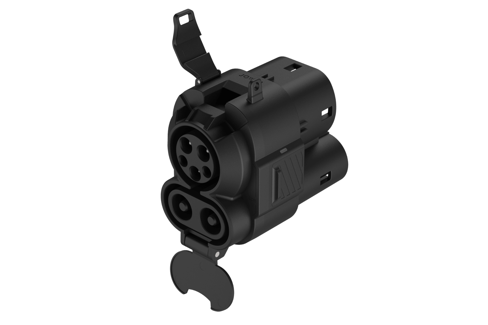 The JOWUA CCS1 to CCS2 DC & AC Combined Adapter, in black with dual round sections and flip-up covers, is shown angled on a white background—perfect for fast DC charging.