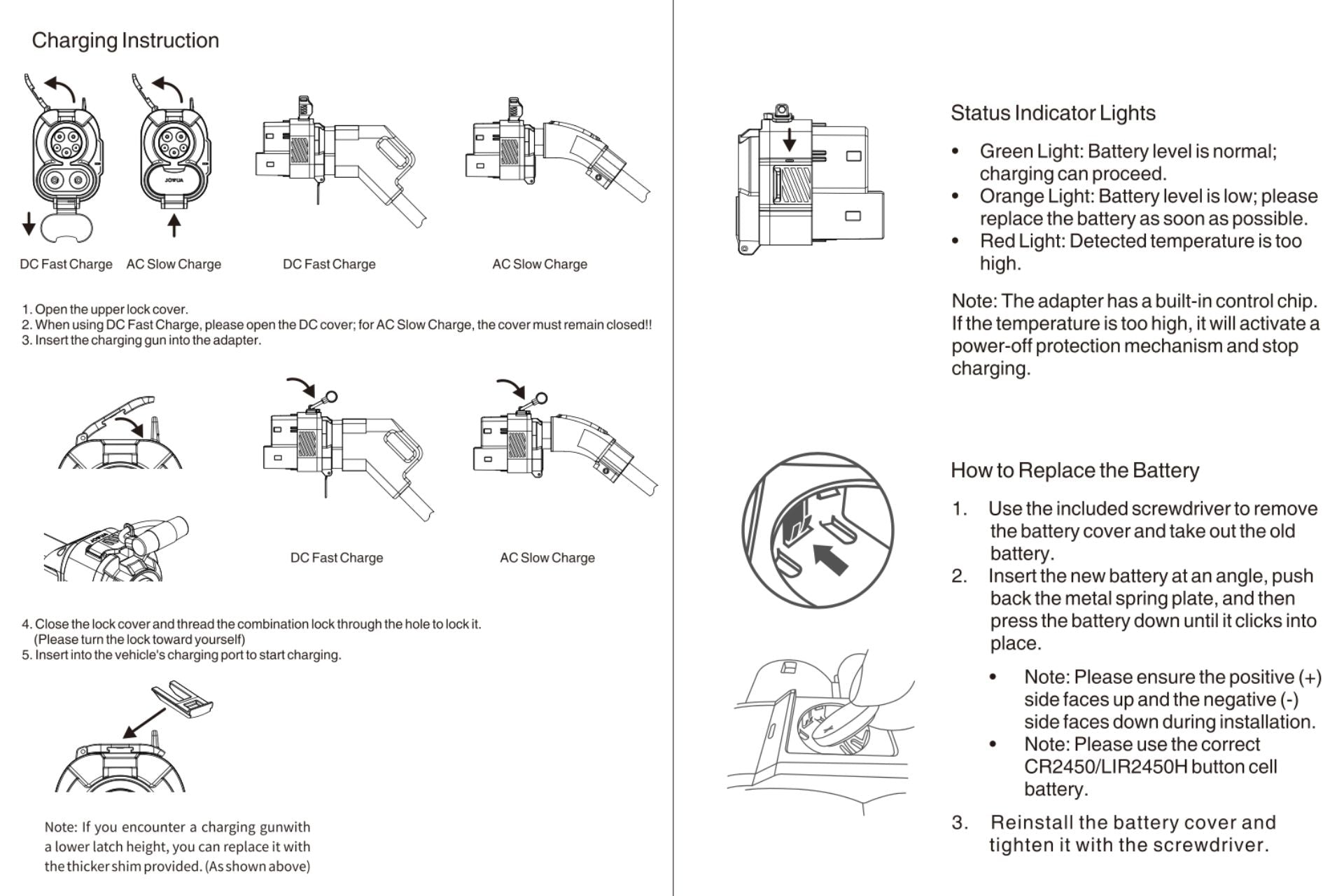 The JOWUA CCS1 to CCS2 DC & AC Combined Adapter includes a guide with diagrams for fast/slow charging, opening the adapter cover, using the adapter, battery replacement, and info on indicator lights and EV charging compatibility.
