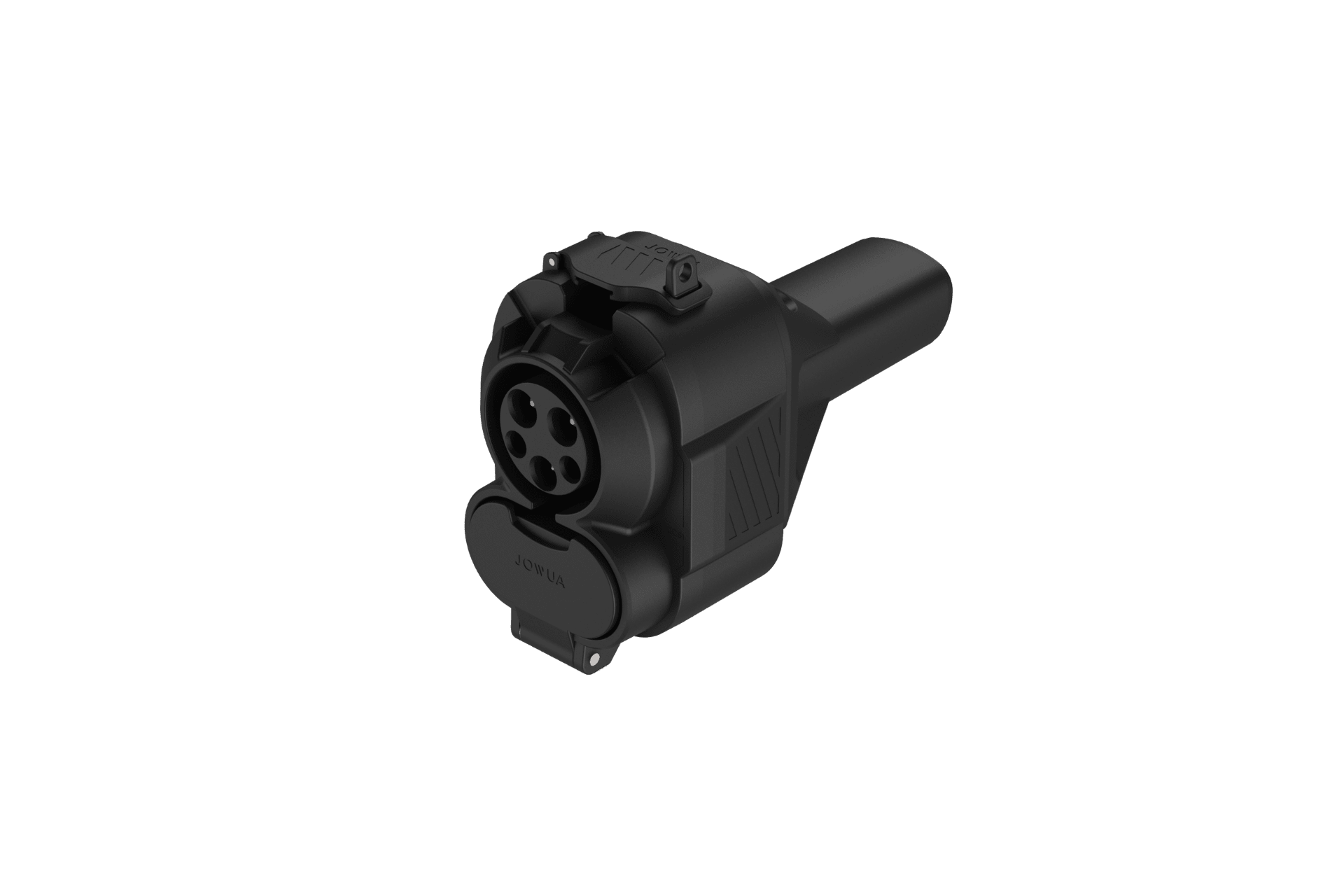 The JOWUA CCS1 to NACS DC & AC Charging Adapter, shown in black with a round connector and protective cap for Tesla CCS compatibility, is displayed against a plain light gray background.