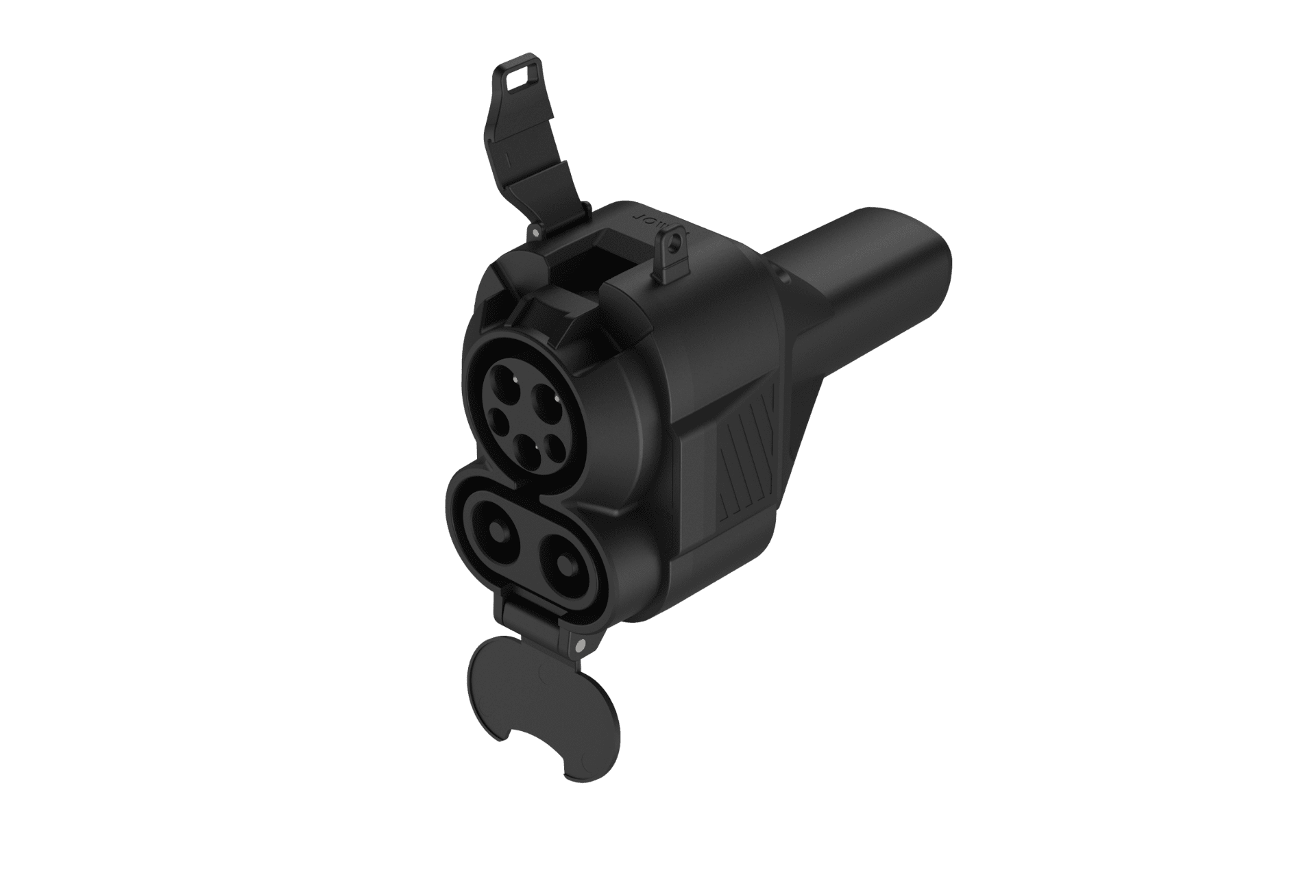The JOWUA CCS1 to NACS DC & AC Charging Adapter, shown in black with two hinged covers open to reveal three circular pins and two larger round connectors, is designed for Tesla compatibility, displayed on a white background.