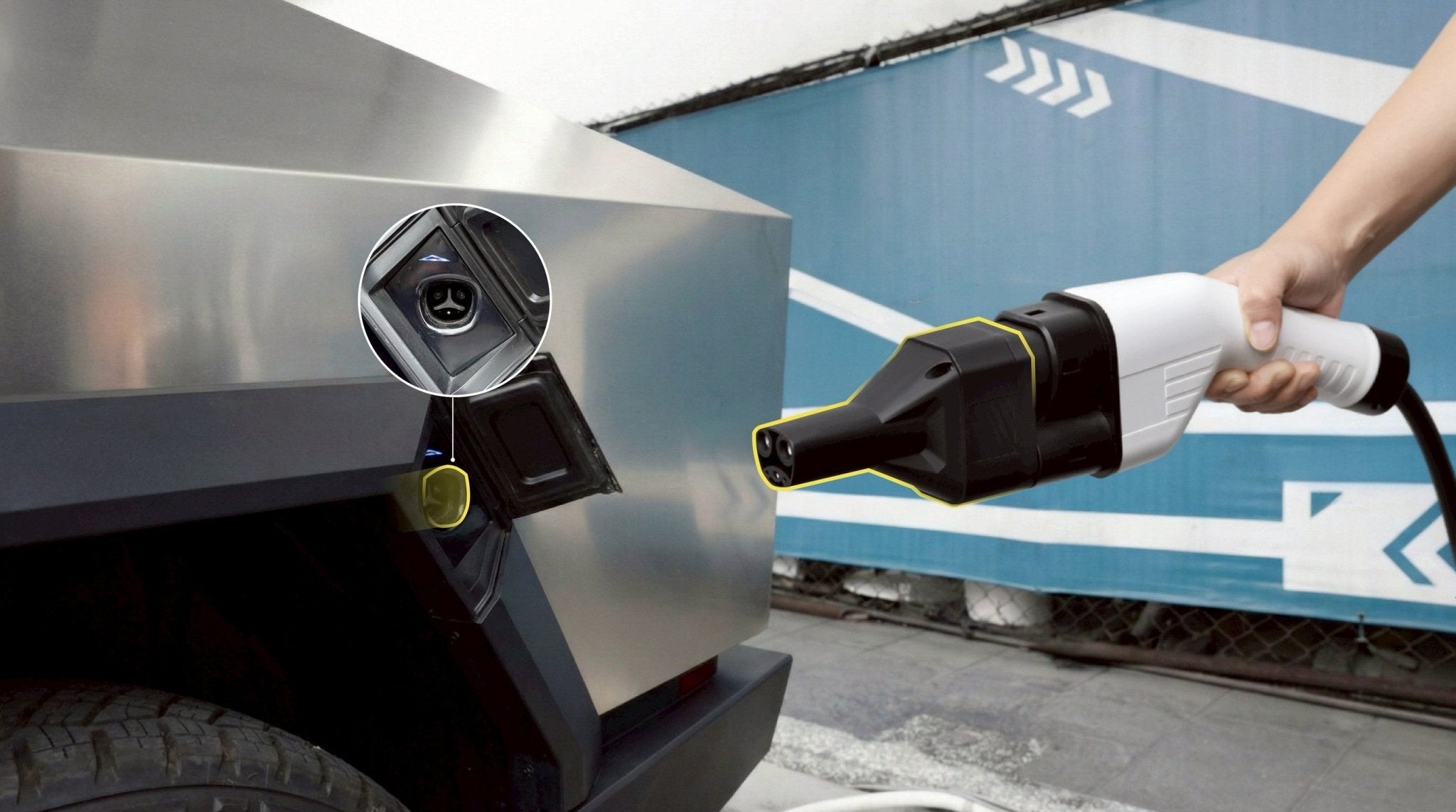 A person holds the JOWUA CCS2 to NACS DC/AC Charging Adapter Set near the charging port of a silver, angular car, preparing to connect it. Behind them, a blue wall with white arrows emphasizes Tesla CCS compatibility.