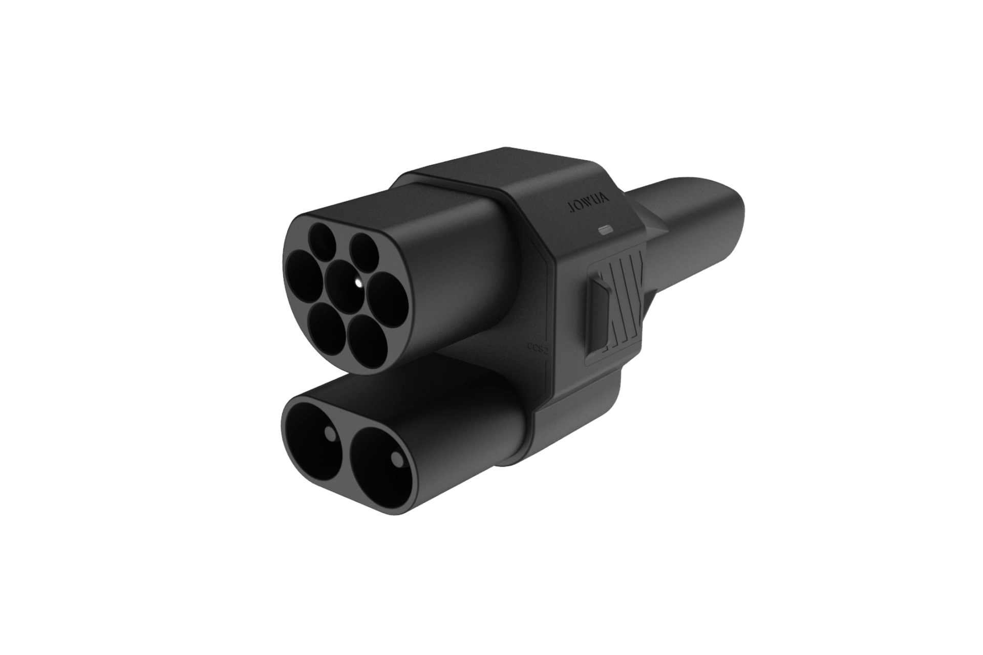 The JOWUA CCS2 to NACS DC/AC Charging Adapter Set features a black connector with seven circular pins above two larger pins, displayed on a plain white background.