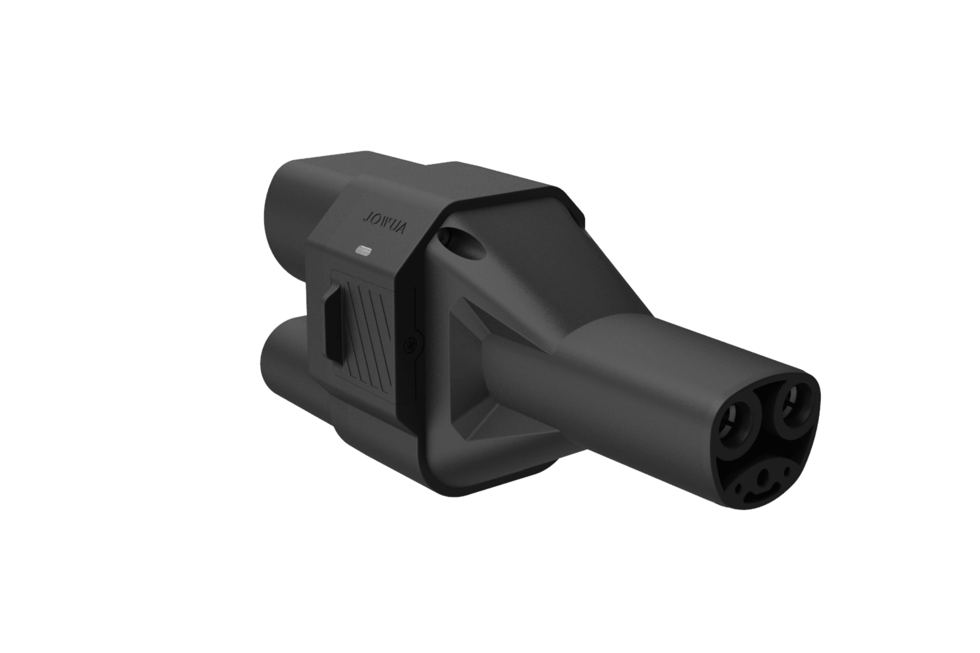 The JOWUA CCS2 to NACS DC/AC Charging Adapter Set is a black charging connector with a rectangular body and two cylindrical prongs, compatible with Tesla CCS when used with an adapter, shown on a plain white background.