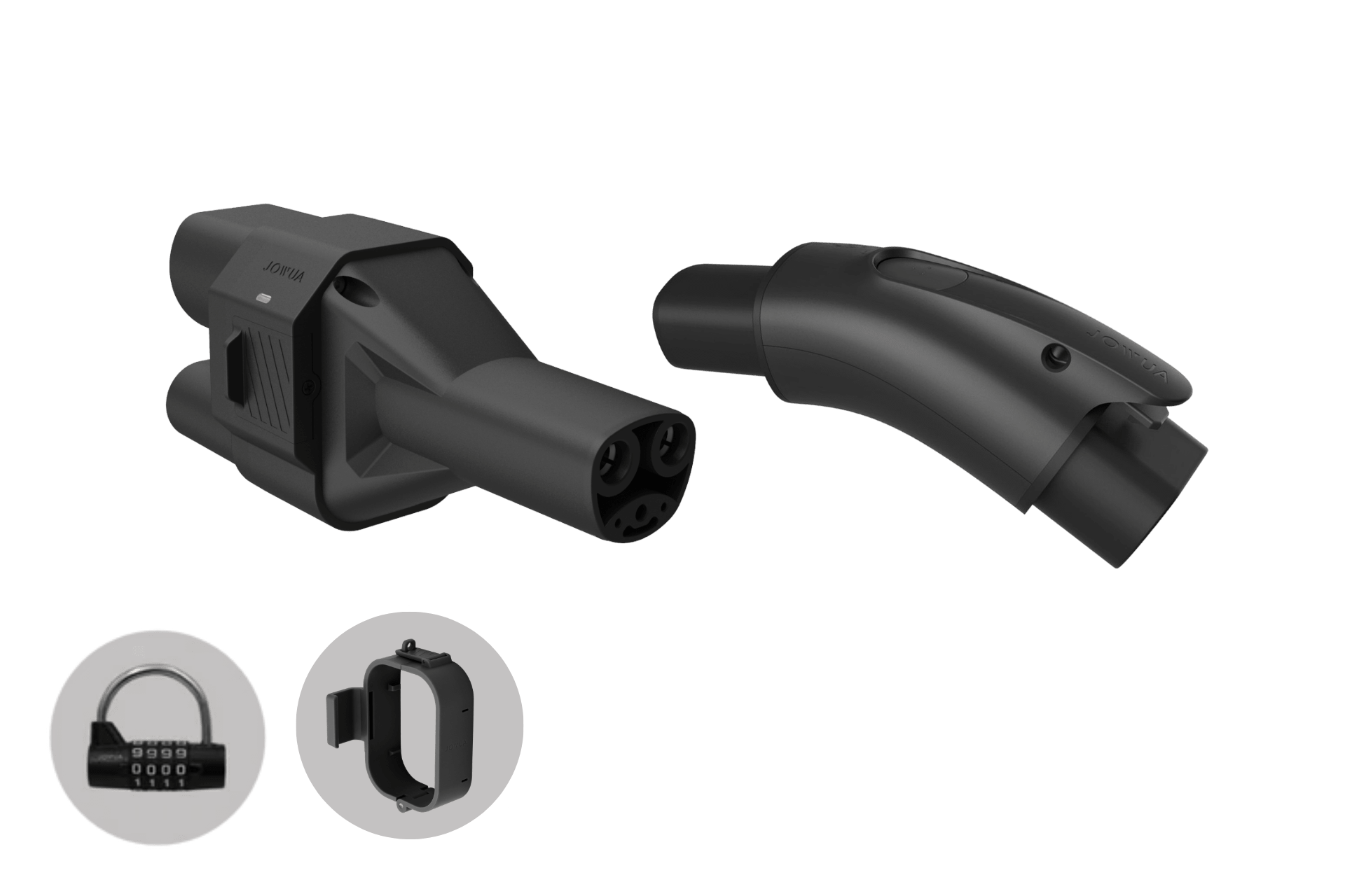 Two black JOWUA CCS2 to NACS DC/AC Charging Adapters face each other on a white background, with padlock and wall holder icons below them, illustrating Tesla CCS compatibility.