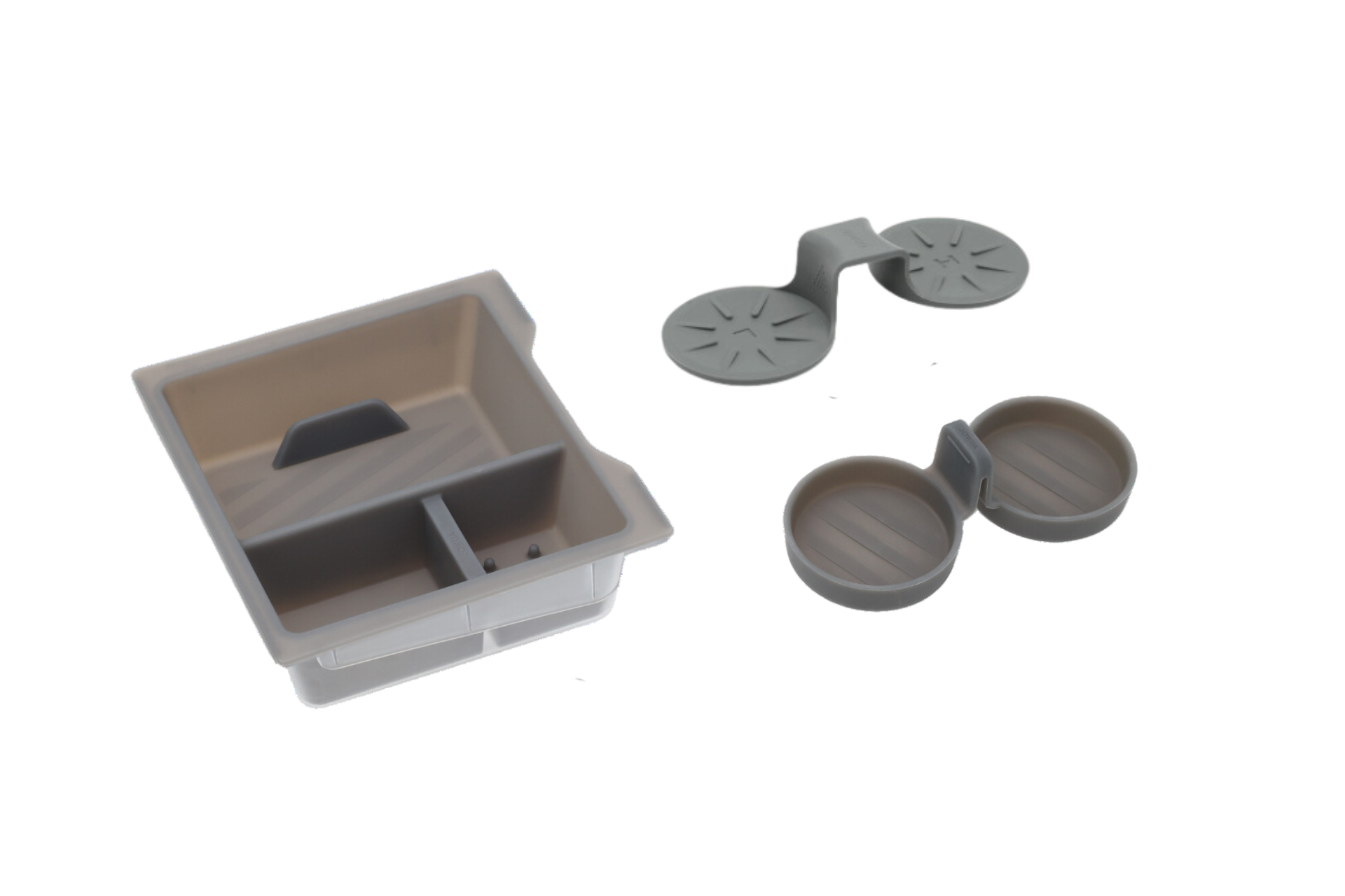 The JOWUA Tesla Model Y Juniper (2025+) Advanced Bundle features a gray two-compartment dishwasher cutlery basket beside a removable utensil holder with two cylindrical sections and a handle with suction cups, all set against a white background.