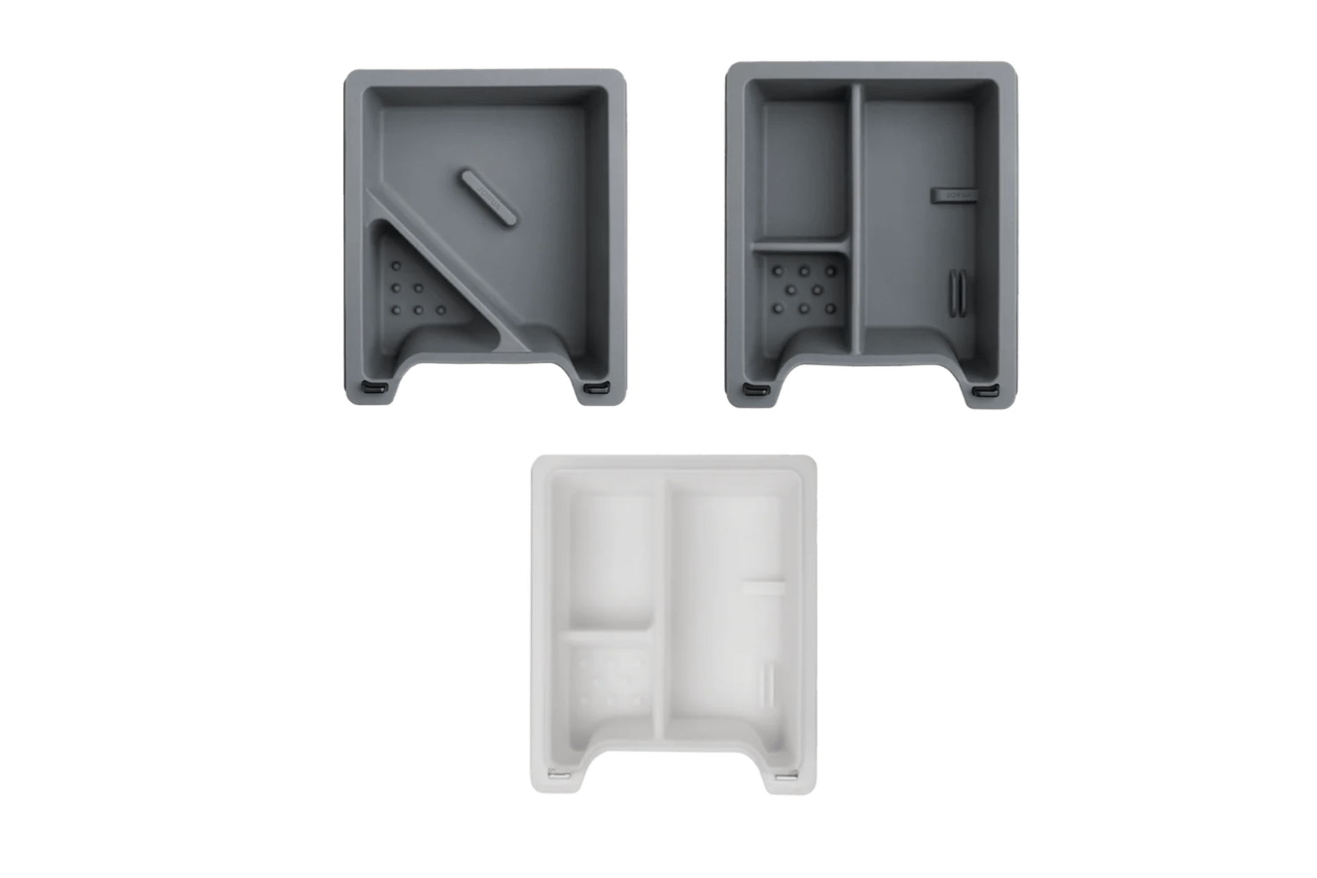 Three JOWUA Center Console Tray Organizers for Tesla Model 3/Y—two dark gray and one white—feature varied compartments with small holes, shown on a white background. Ideal as practical Tesla Model 3/Y accessories.