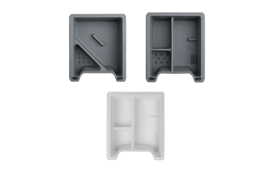 Three JOWUA Center Console Tray Organizers for Tesla Model 3/Y—two dark gray and one white—feature varied compartments with small holes, shown on a white background. Ideal as practical Tesla Model 3/Y accessories.