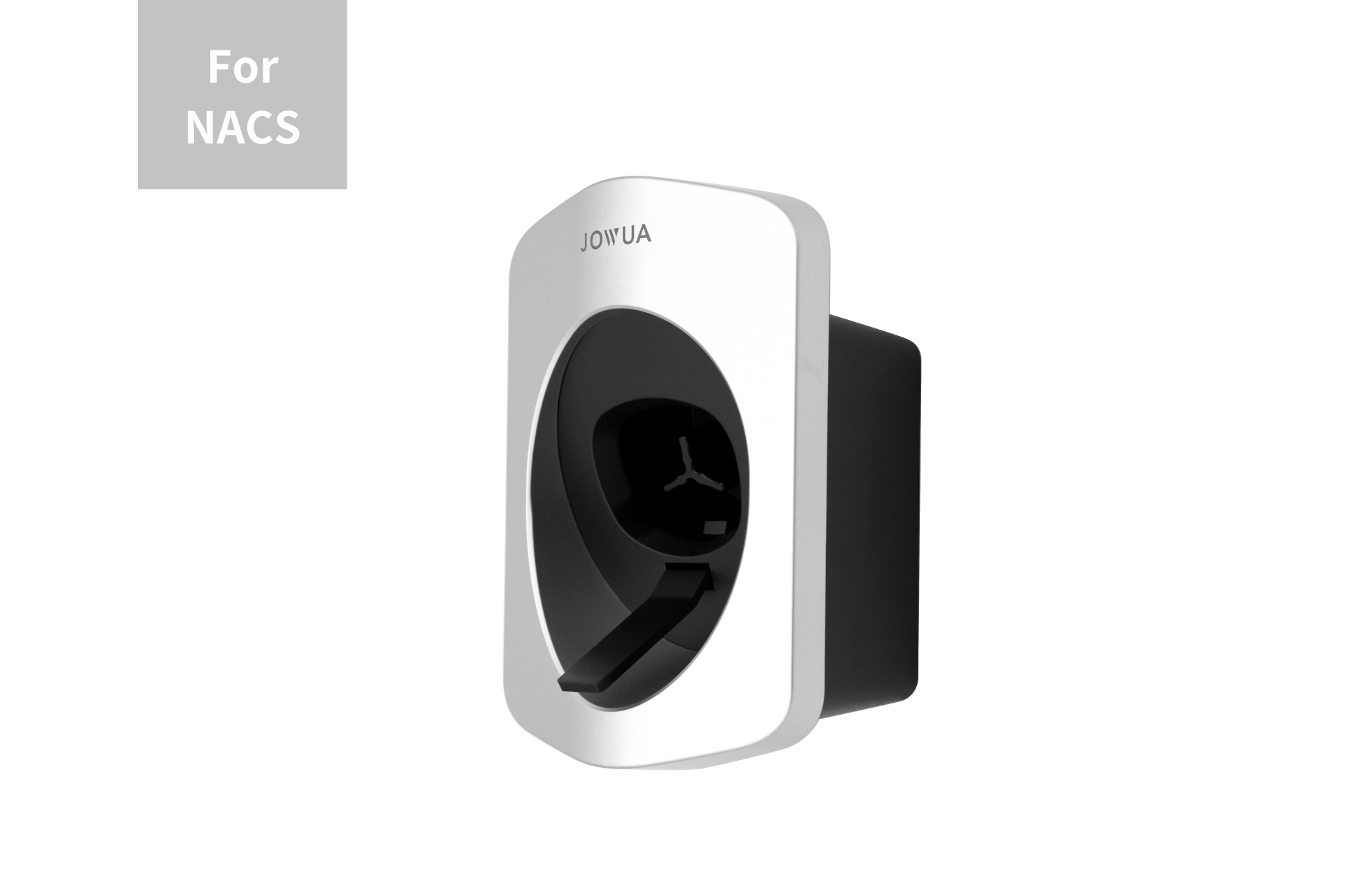 The JOWUA Charging Cable Holder (NACS) + NEMA 14-50 Power Outlet Box boasts a sophisticated white and black design with a circular socket, tailored for the NACS standard. Its IP66 rating guarantees durability, and the minimalist dark background accentuates the modern look of this Tesla NACS-compatible charger.