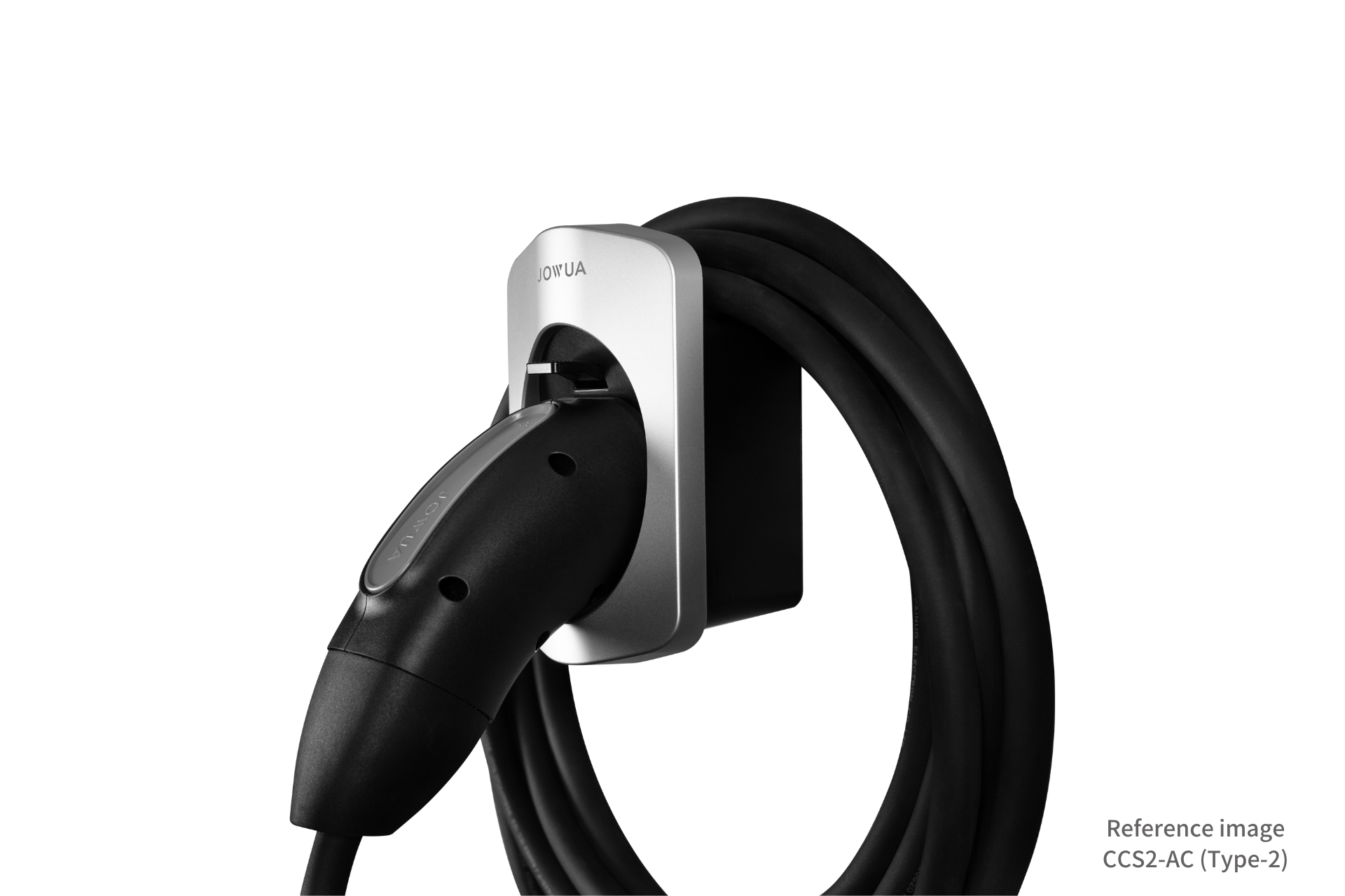 A JOWUA Charging Cable Holder with a CCS2-AC (Type 2) plug, crafted from flame-retardant material, is connected to a wall charger unit and coiled neatly against a black background.