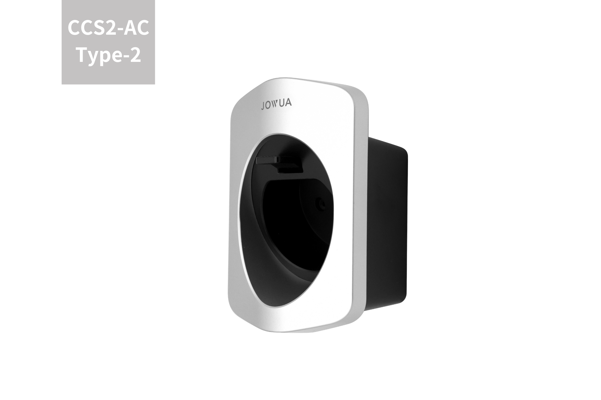 The JOWUA Charging Cable Holder (CCS2-AC Type-2) is a wall-mounted black and white EV socket with an integrated IP66 waterproof bracket, shown on a gray background for added durability.