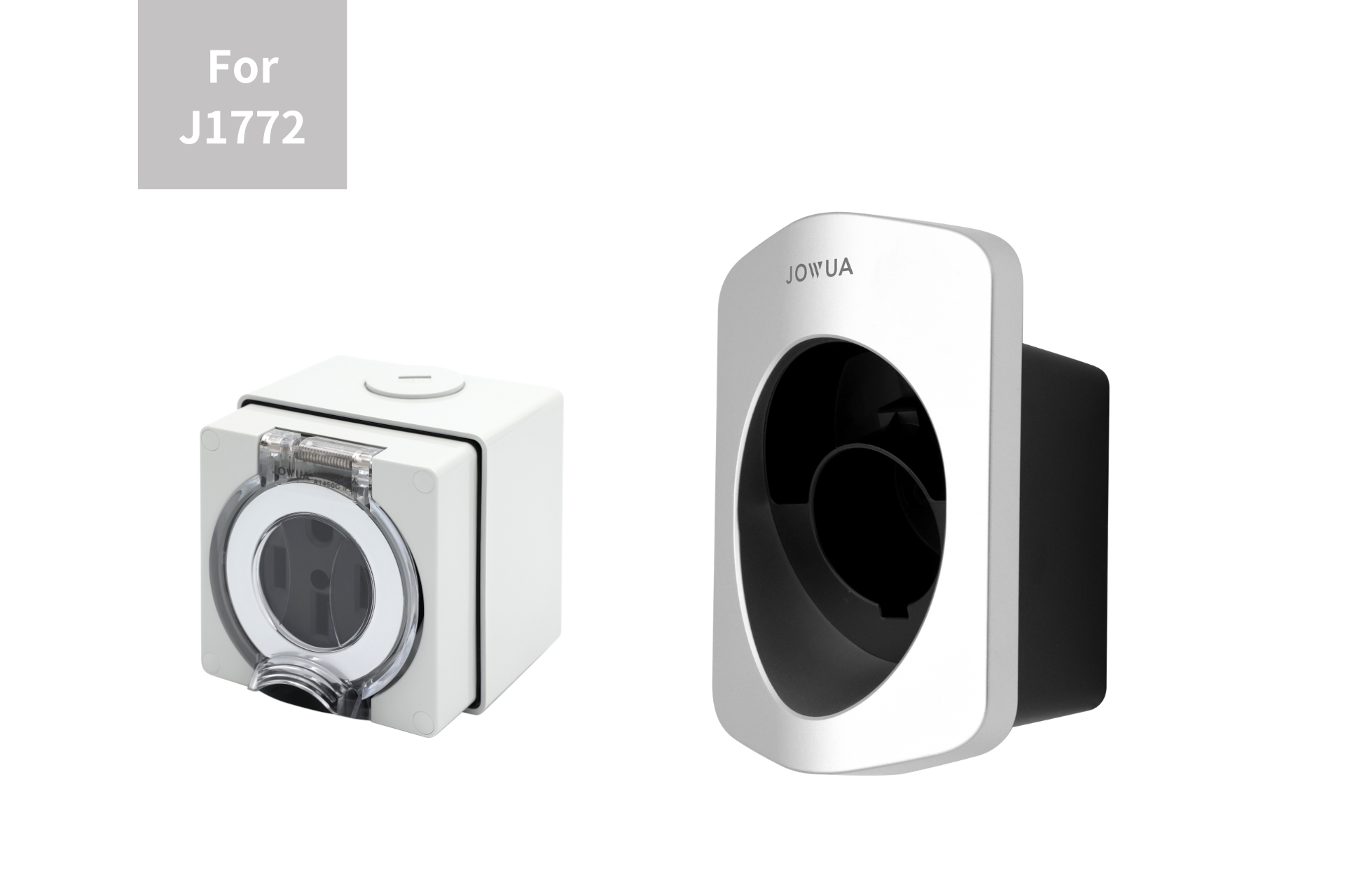 The image shows two electronic devices side by side. The left device, a Charging Cable Holder combined with a NEMA 14-50 Power Outlet Box, is a compact, white rectangular box with a clear circular cover. The right device features JOWUA's sleek metallic oval-shaped design with a hollow center. Both boast flame-retardant material and offer IP66 rating protection against harsh elements. A label reads "For J1772.