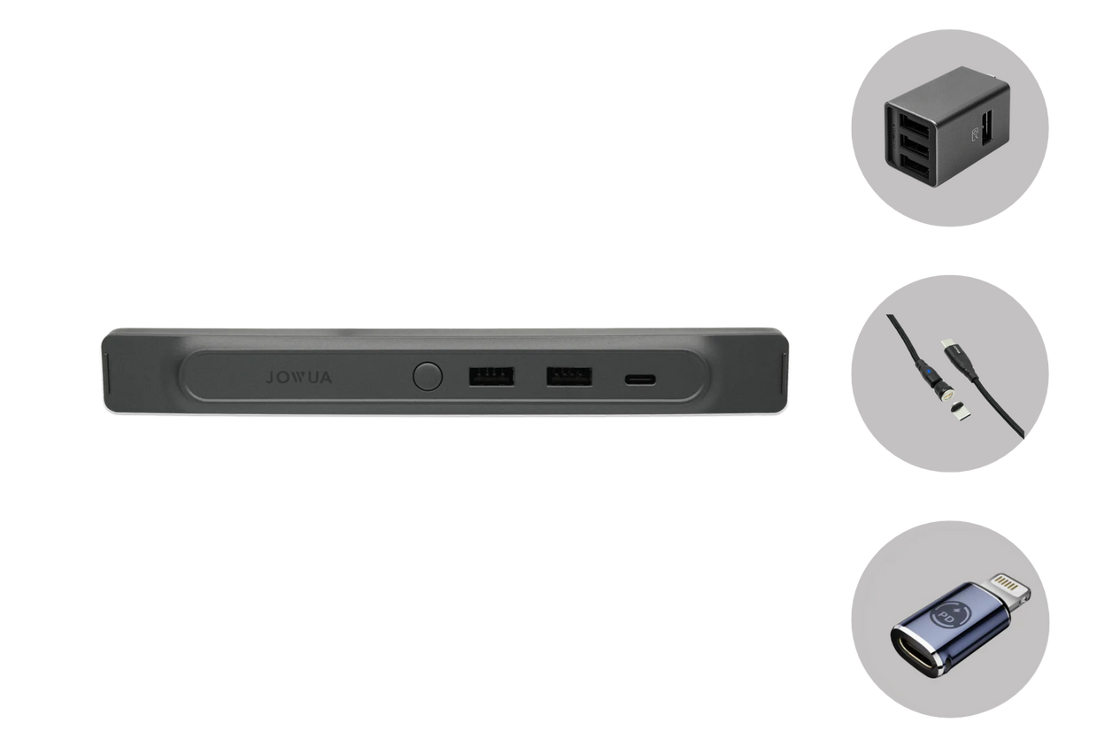The JOWUA 36W Hub Charging Combo features a wide, flat hub with USB ports, showcasing a dual USB car charger, a USB cable, and a SuperSpeed USB-C adapter on a gray background. This efficient device integrates seamlessly with your setup for advanced connectivity.