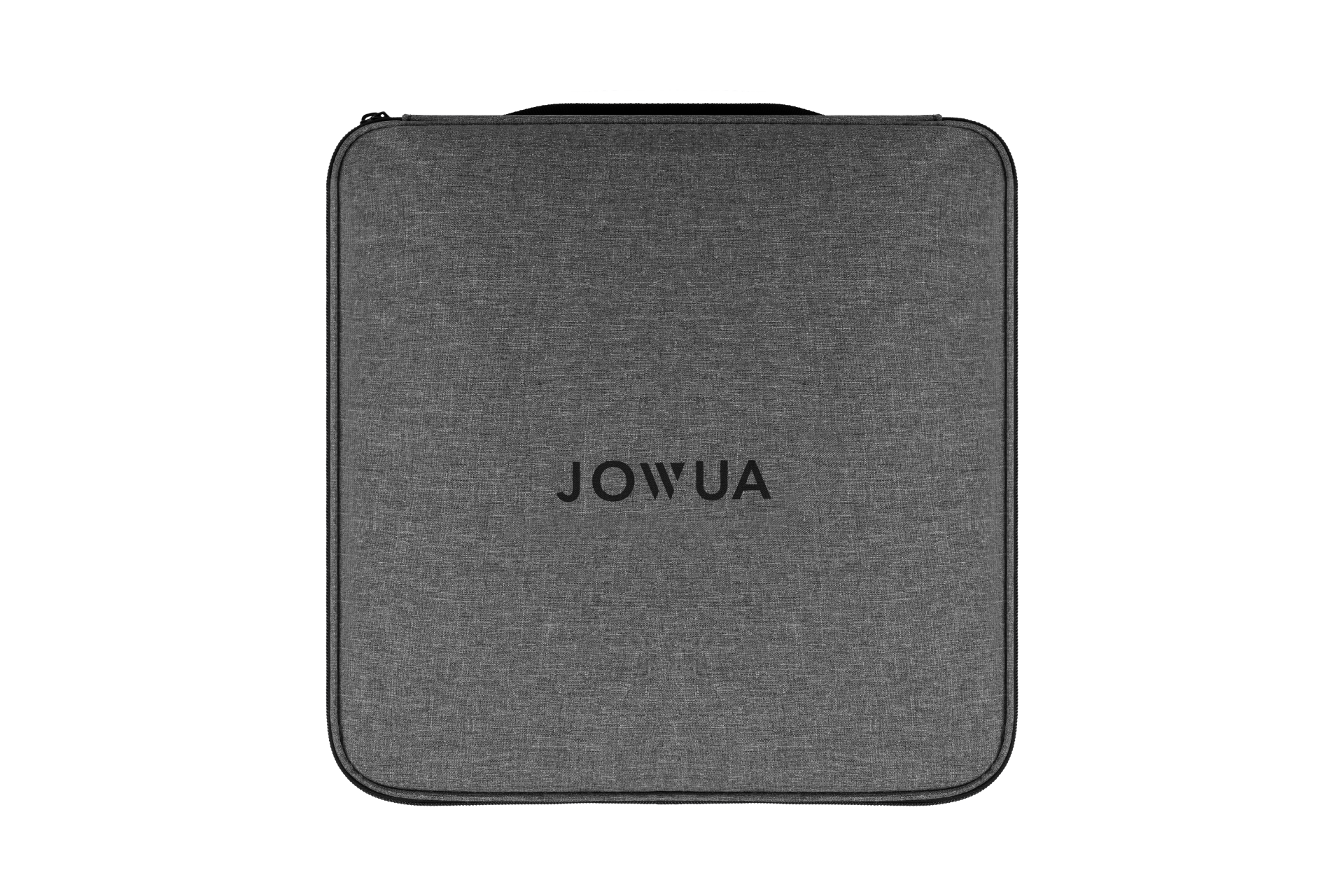 A square, gray fabric case with a zipper and black 