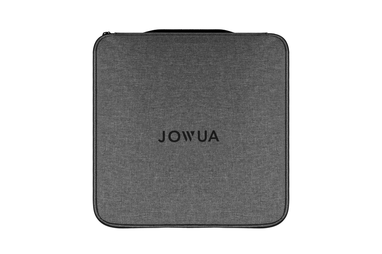 The JOWUA EV Mobile Connector (Type-2) comes with a square, gray fabric case featuring a zipper, top handle, and “JOWUA” printed in black—ideal for storing your versatile mobile connector securely.