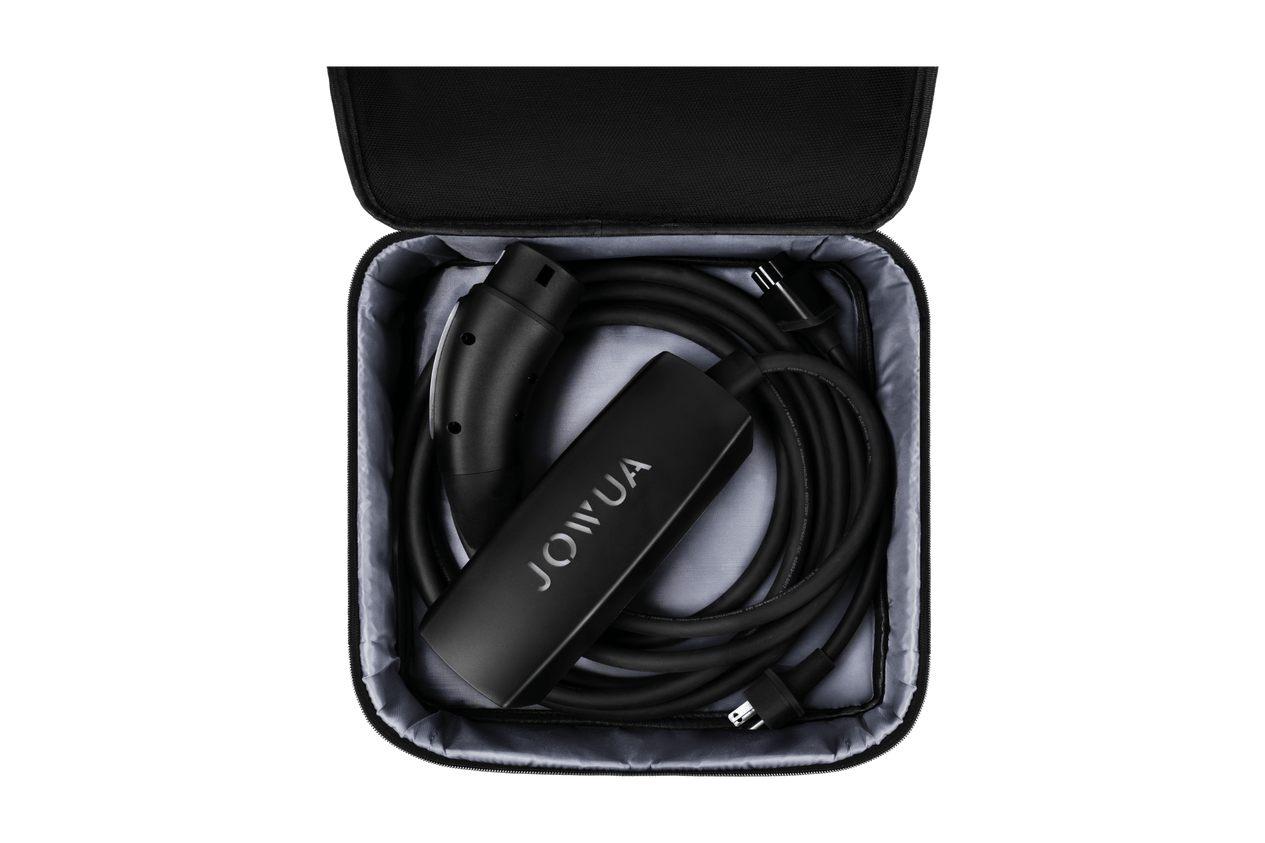 A black JOWUA EV Mobile Connector (Type-2) - Versatile Mobile Connector and its 7.6kW unit are neatly coiled inside a padded carrying case, with the JOWUA brand prominently visible on the charger.