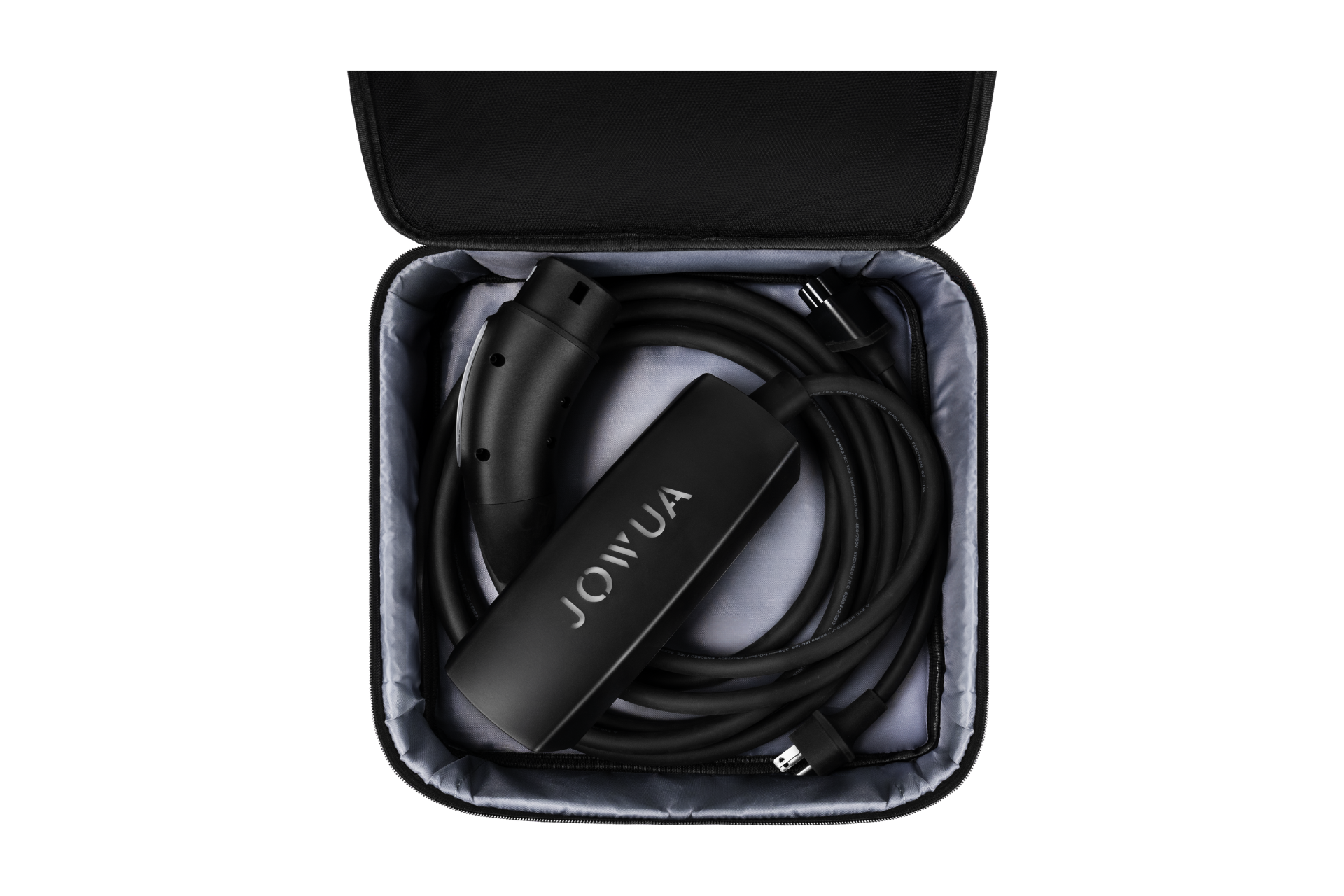 Introducing the JOWUA J1772 Mobile Connector Solution for Tesla: a sleek black portable charging cable featuring a handle and neatly coiled connector within an open carrying case. The case boasts a soft lining, ideal for J1772 owners, with "JOWUA" prominently printed on the charging unit. This solution meets your travel charging dock needs with its impressive 40A/9.6kW performance.