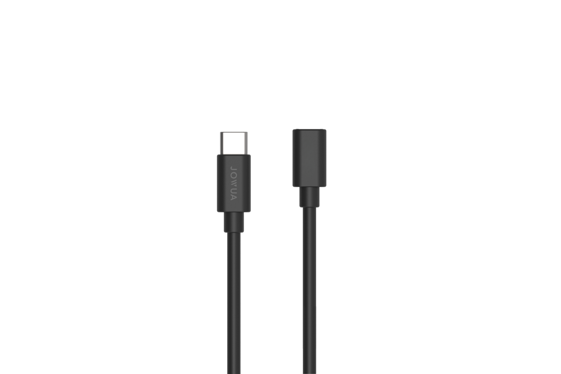 Two black JOWUA extension cables for Model 3 2024+, Model Y Juniper 2025+, and Cybertruck are shown vertically on a white background. The left cable has a USB-C connector with 60W fast charging; the right features a rectangular female port.