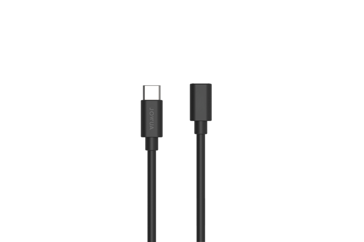 The JOWUA Extension Cable for Model 3 2024+, Model Y Juniper 2025+, and Cybertruck is a black USB-C to 3.5mm audio adapter with labeled connectors, supporting 60W fast charging, shown on a white background.