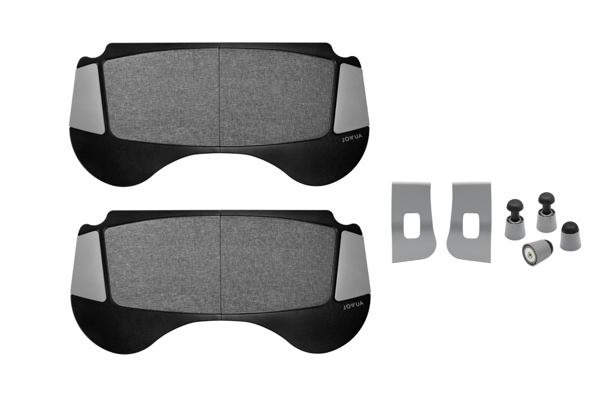 The JOWUA Foldable Car Tray Bundle includes two ergonomic PU leather wrist rests in gray and black, plus two metal clips and four rubber feet, all shown on a white background.