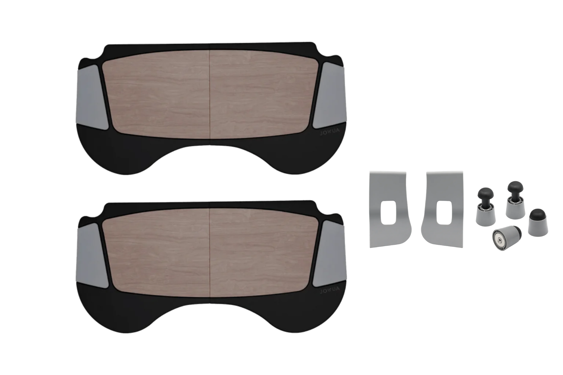 The JOWUA Foldable Car Tray Bundle includes two wooden and black PU leather pads, two metal brackets, and four hardware pieces—ideal for use as a foldable car tray in your Tesla Model S/3/X/Y.