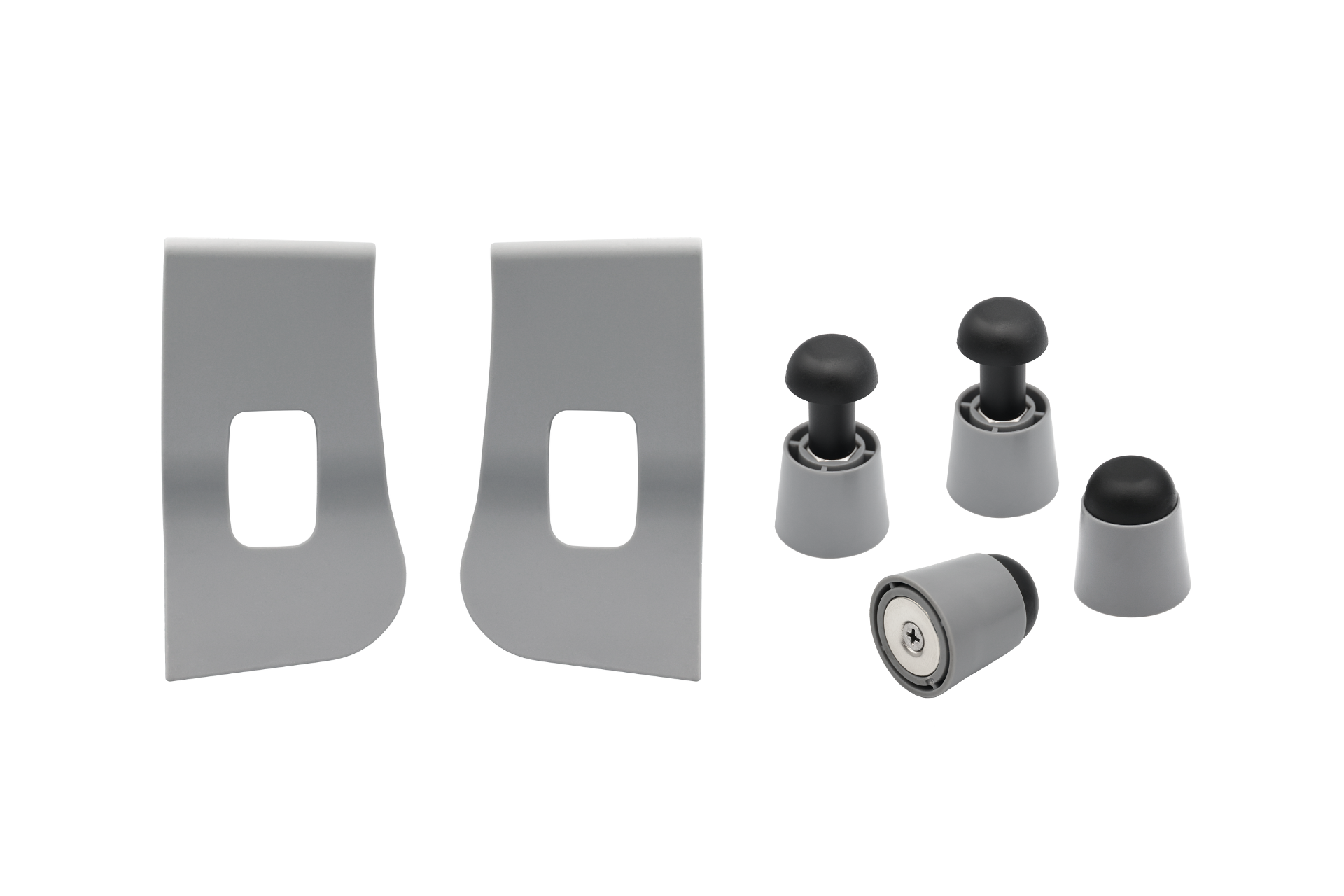Included are two gray metal brackets with square cutouts, three small gray and black rubber stoppers, one black and silver cylindrical piece, and one gray cone-shaped piece for the JOWUA Foldable Car Tray for Tesla, displayed on a white background.
