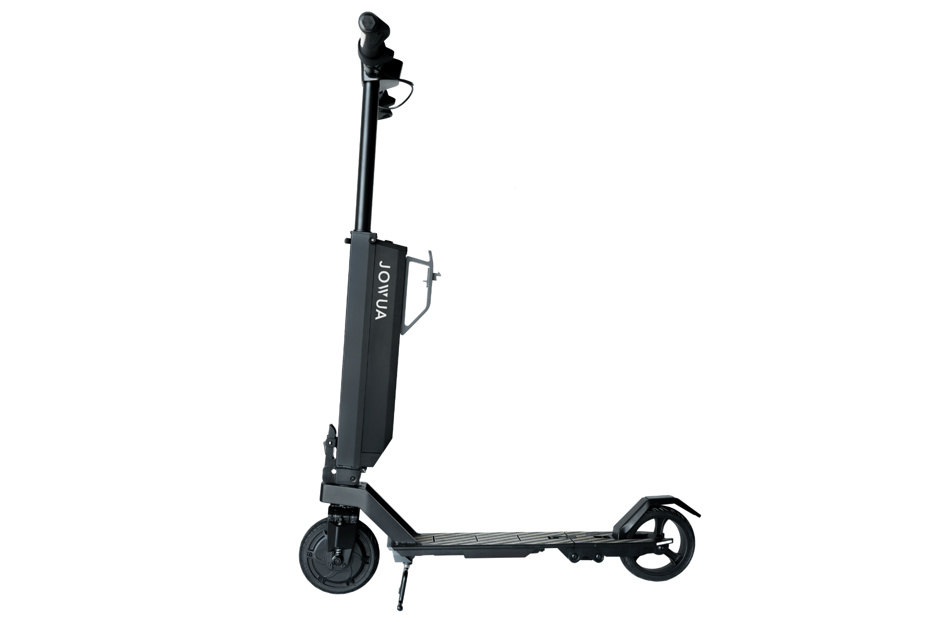 A black JOWUA Folding Electric Scooter｜Performance is shown from the side against a plain white background, featuring a kickstand, long-range battery, and modern minimalist design with "JOWUA" on the upright stem.
