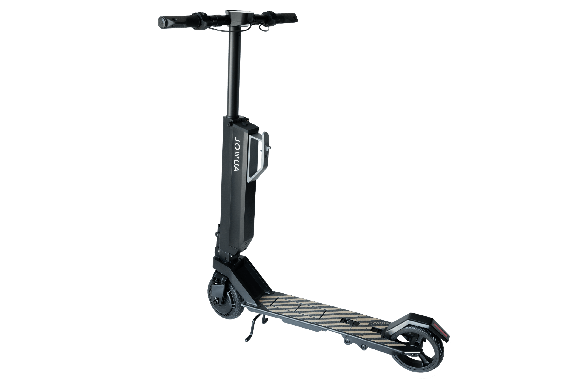 The JOWUA Folding Electric Scooter｜Performance features a slim black frame, two wheels, sturdy deck with diagonal grip lines, handlebars, and "JOWUA" on the stem. Enjoy long-range battery power. Shown on a white background.