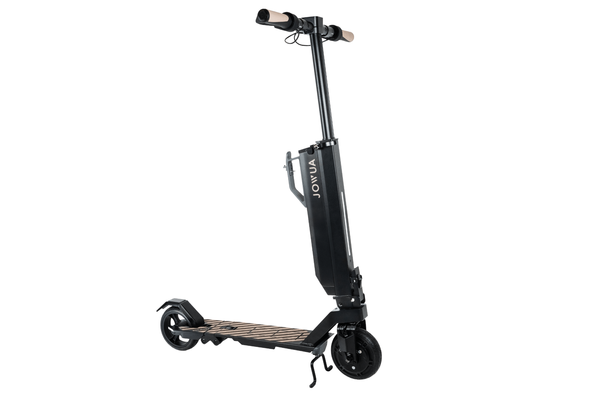 A black folding electric scooter by JOWUA, featuring anti-theft handlebar grips, a wooden deck, and "JOWUA" on the stem, stands upright on its kickstand against a white background. Product: Folding Electric Scooter｜performance.