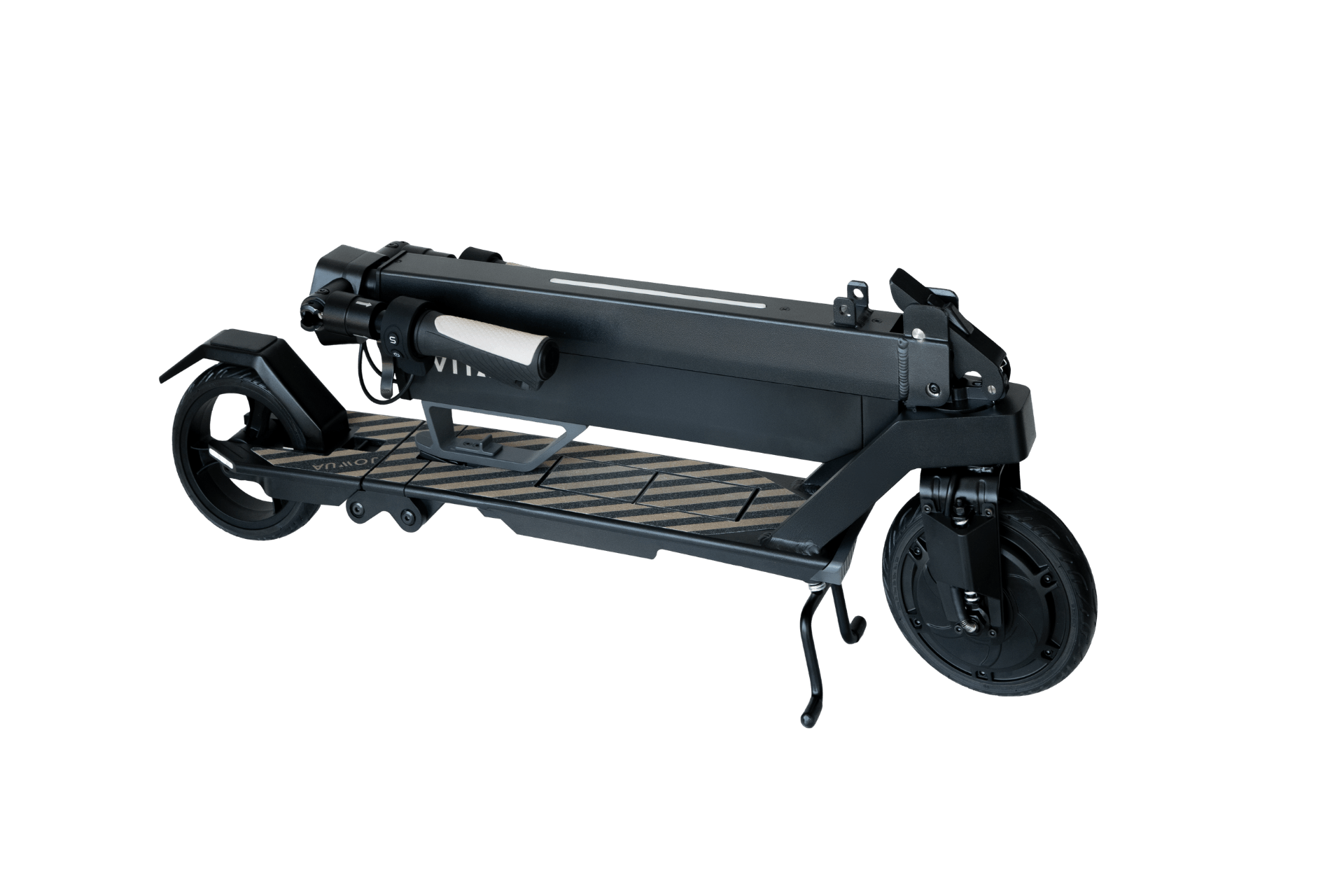The JOWUA Folding Electric Scooter｜Performance, in black, is neatly folded with both wheels aligned and rests on its kickstand against a plain white background.