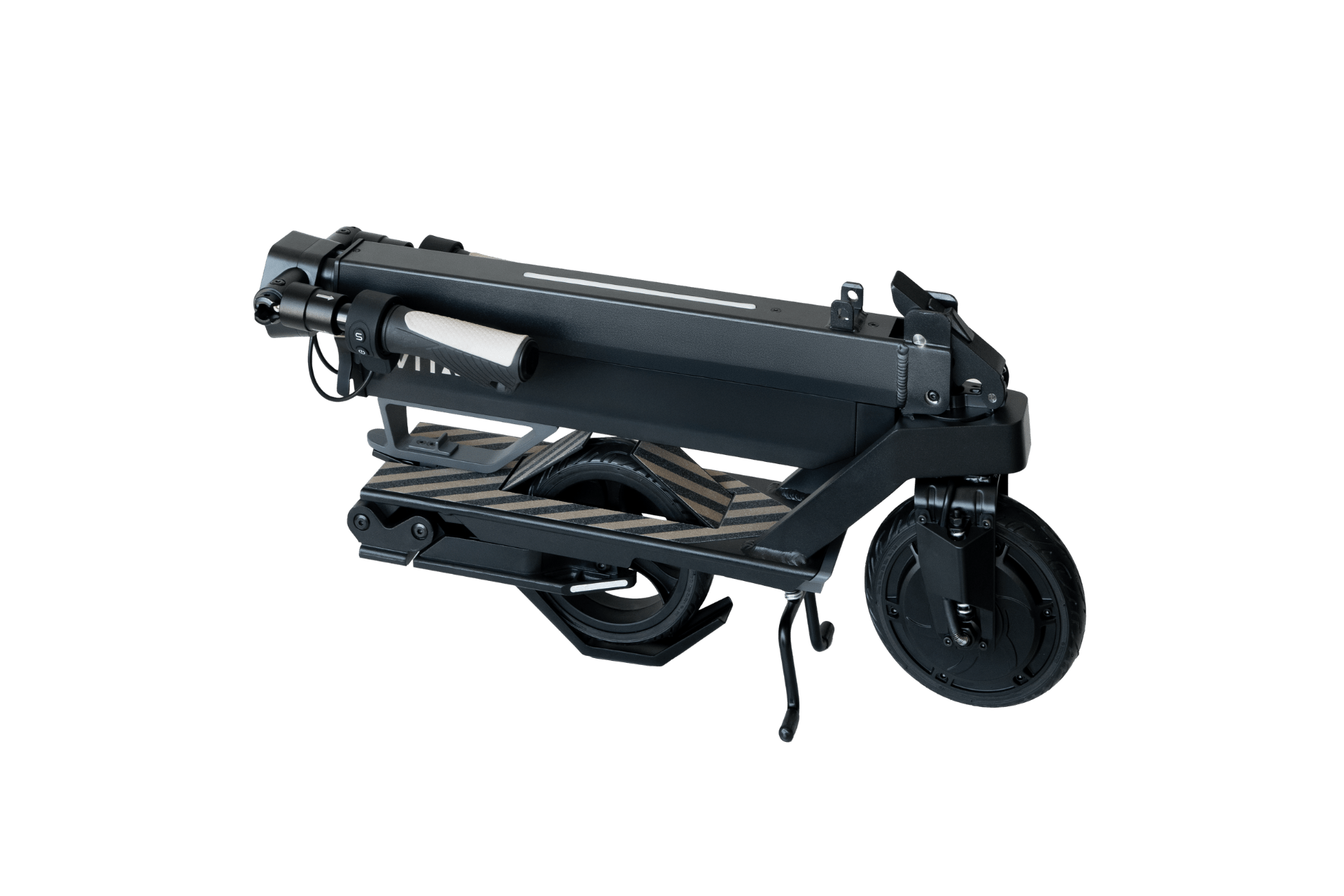 The JOWUA Folding Electric Scooter｜Performance is shown folded compactly, highlighting its sleek black design with visible wheels and deck—ideal for storage, portability, and a premium ride.