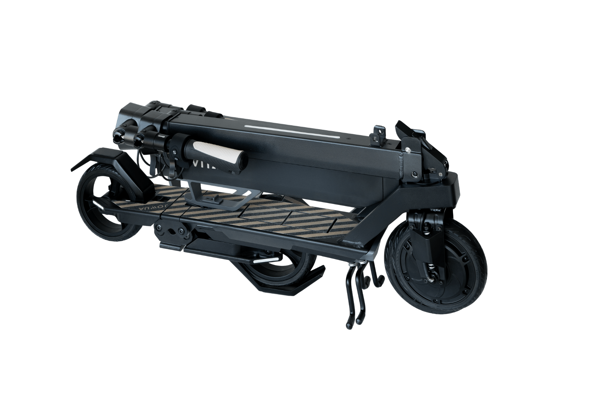 The JOWUA Folding Electric Scooter｜Performance is folded flat, highlighting its compact design with visible wheels, deck, and handlebars against a plain white background.