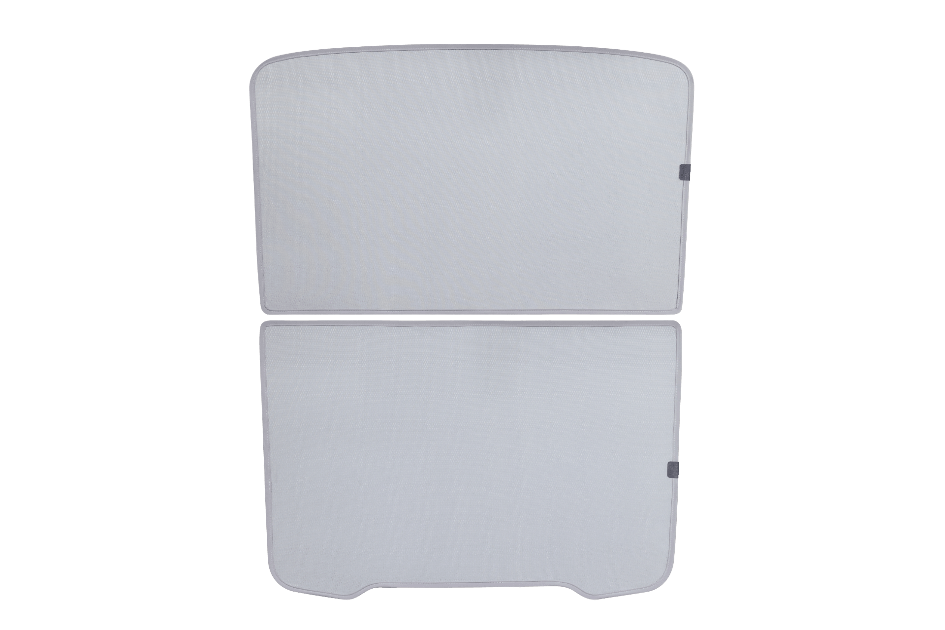 Two rectangular, light gray JOWUA Model Y (Juniper 2025+) Glass Roof Sunshades with rounded corners are shown vertically on a white background. The top shade is slightly taller, and both have subtle side tabs for easy installation.