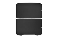 Two rectangular, black panels with rounded edges are shown on a white background. The lower one—a JOWUA all-weather liner—features two subtle cutouts. Designed for the Jowua All-in-One Interior Upgrade Set (RHD) for Model Y Juniper (2025+).