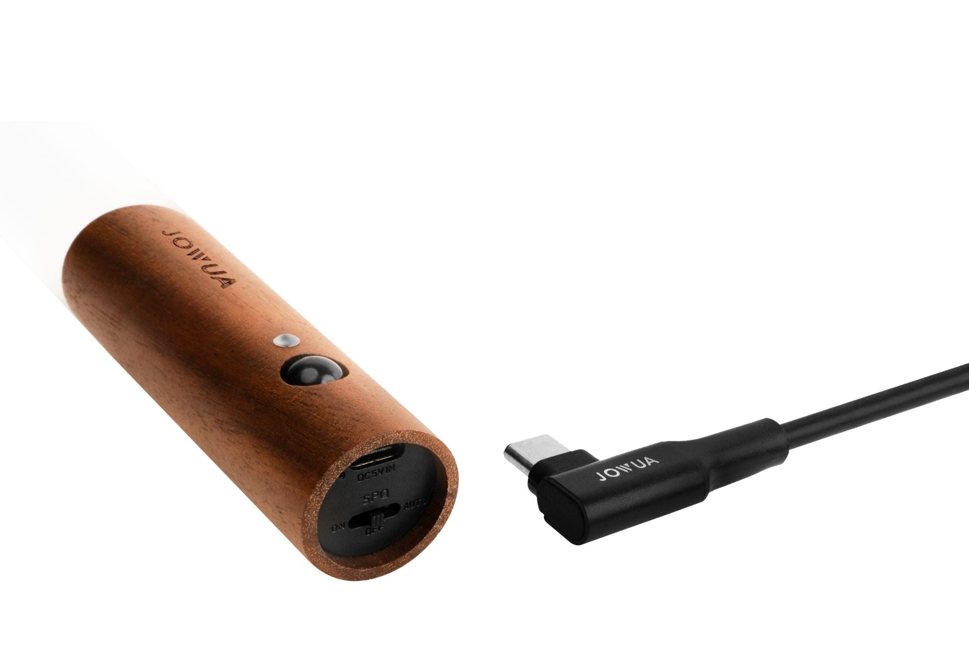 A close-up of a cylindrical, wooden-handled LED light bar with a button and charging port is shown alongside a black USB charging cable featuring a right-angle connector. This JOWUA device seamlessly integrates smart sensor mode for enhancing Tesla interior lighting.