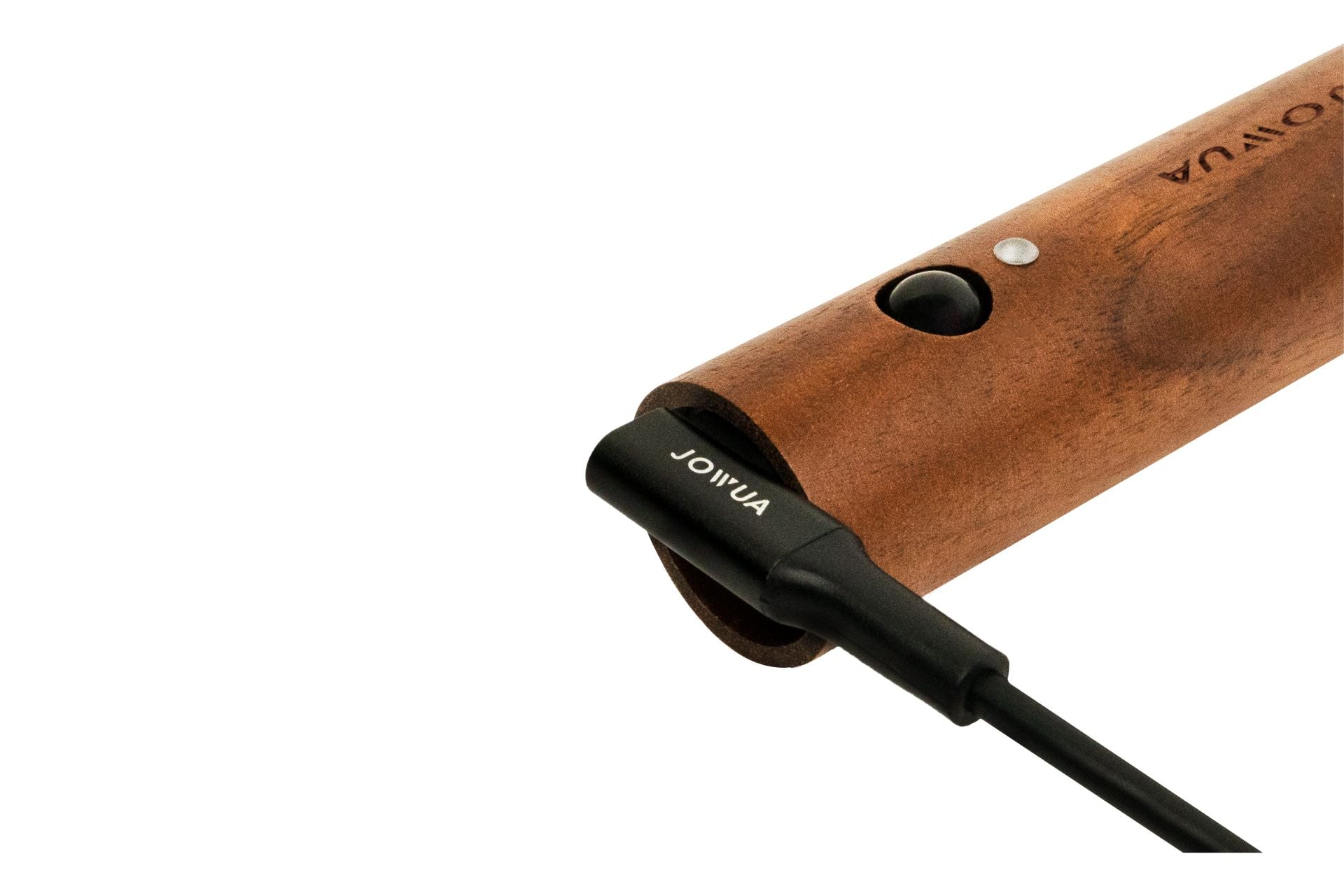 Close-up of a wooden tool featuring a black button and cable labeled "JOWUA," inserted into a port. The tool's smooth brown finish with partially visible engraved text highlights its sleek design, reminiscent of the craftsmanship seen in the LED Light Bar for Tesla Center Console.