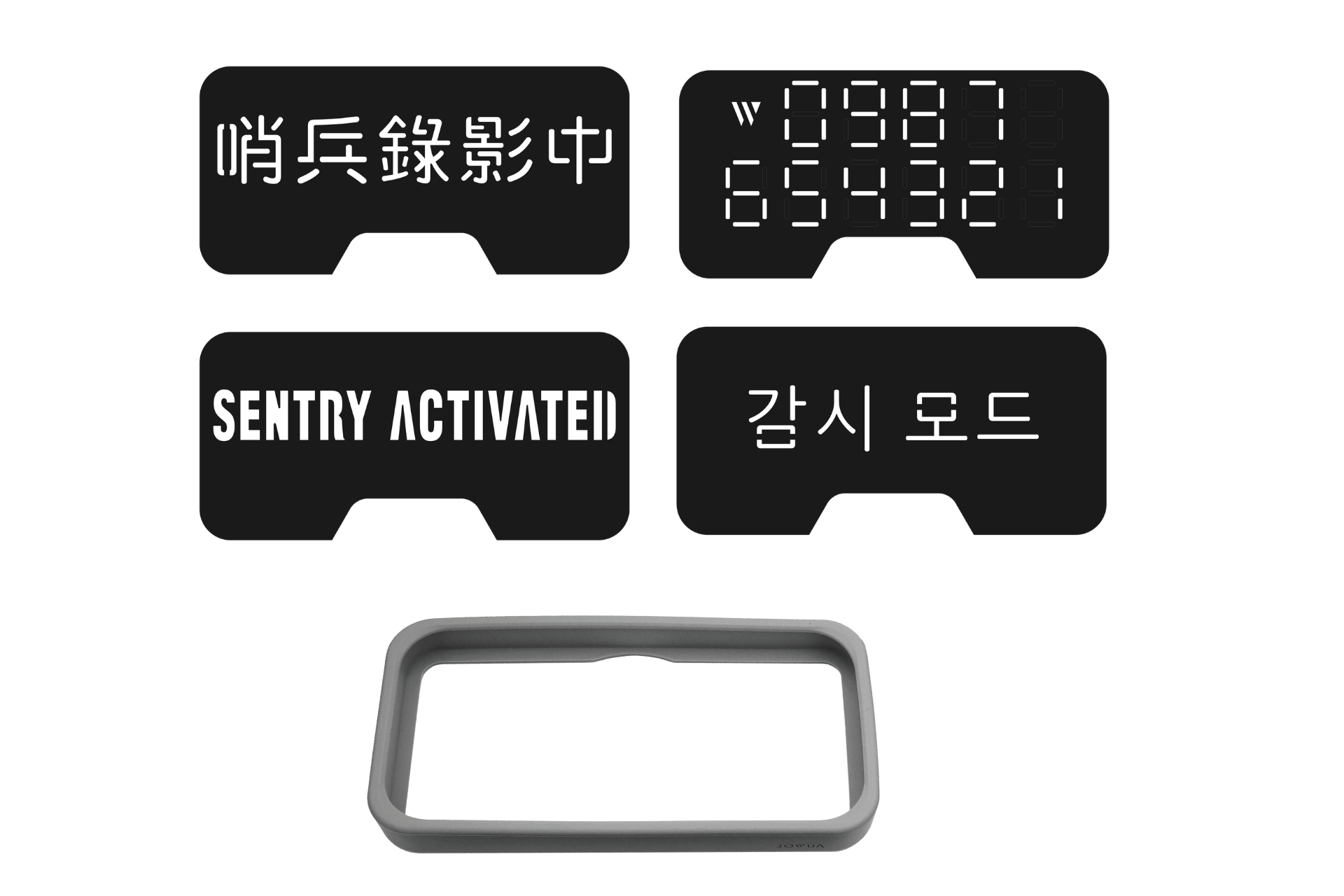 Four black display covers from the JOWUA MagSafe LED Light with Light Stencil Set, each featuring different languages and numbers such as “SENTRY ACTIVATED” and related phrases, are shown above a gray rectangular frame designed for MagSafe LED Light or wireless charging accessories—all set against a white background.