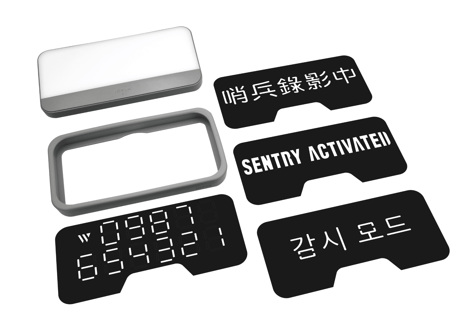 The JOWUA MagSafe LED Light with Light Stencil Set is a rectangular electronic device featuring a white top and several interchangeable black plates that display text in various languages and styles. Arranged on a white background, this versatile device also offers wireless charging capabilities, combining both functionality and convenience.