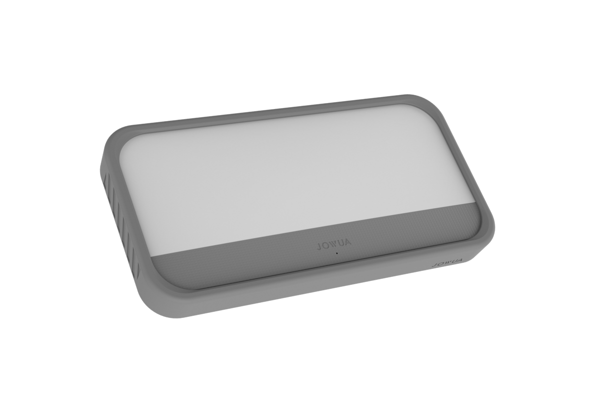 A rectangular, gray MagSafe LED light by JOWUA with rounded edges, a white illuminated surface, and the brand name “JOWUA” printed on the bottom section. The design also features convenient wireless charging capabilities for added functionality and includes a light stencil set.