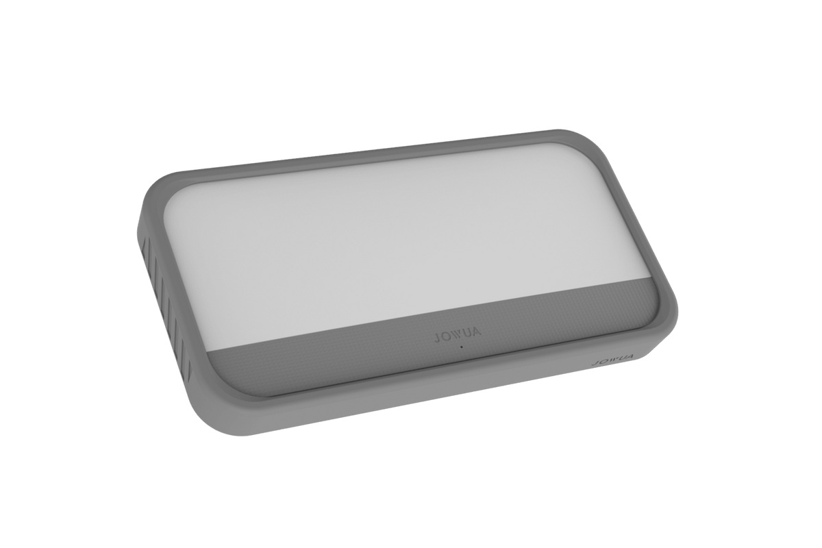 A rectangular, gray MagSafe LED light by JOWUA with rounded edges, a white illuminated surface, and the brand name “JOWUA” printed on the bottom section. The design also features convenient wireless charging capabilities for added functionality and includes a light stencil set.