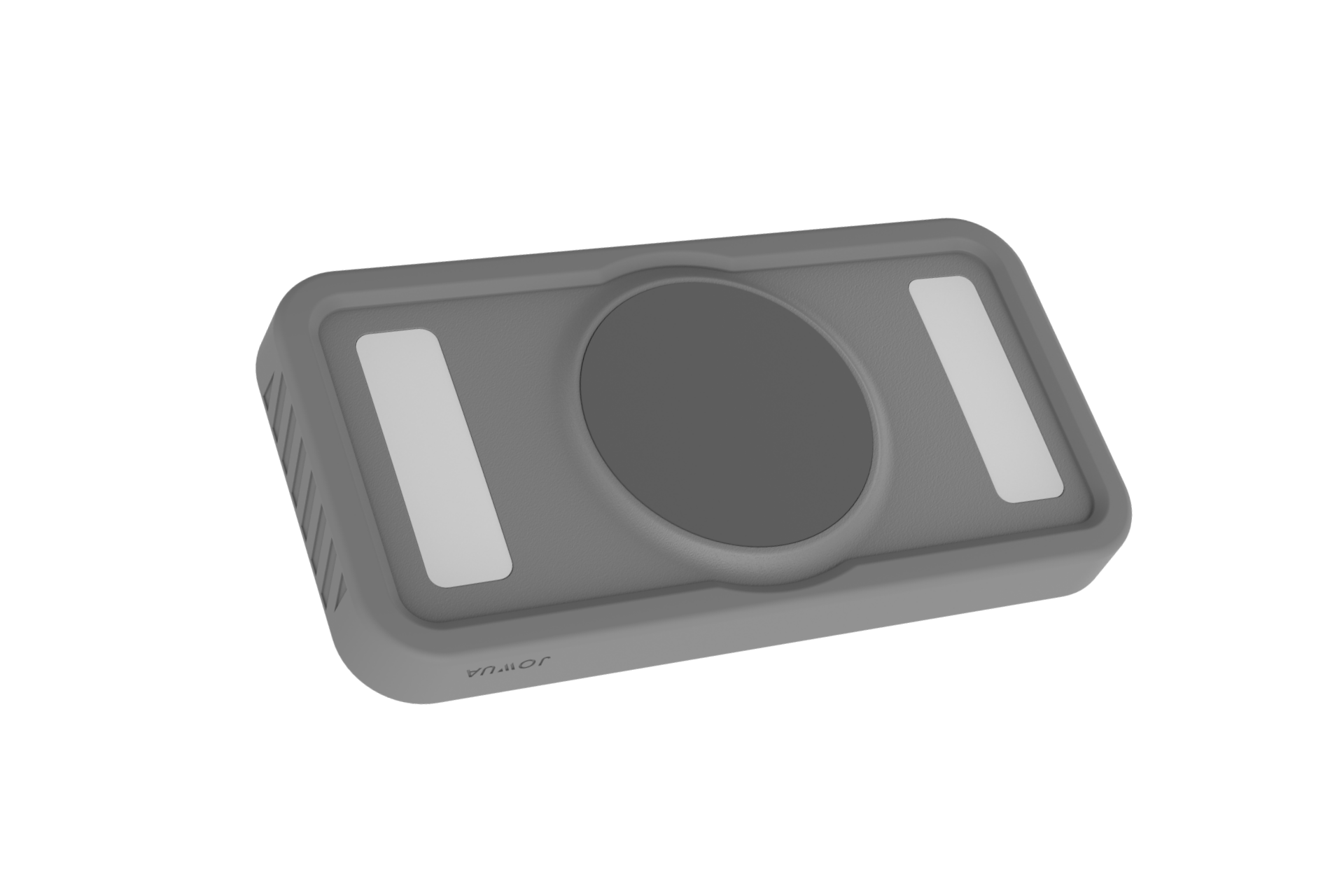 A rectangular, gray electronic device with a circular center and two rectangular white panels on either side—the JOWUA Portable LED Light, compatible with MagSafe and designed for wireless charging—is displayed against a plain white background.
