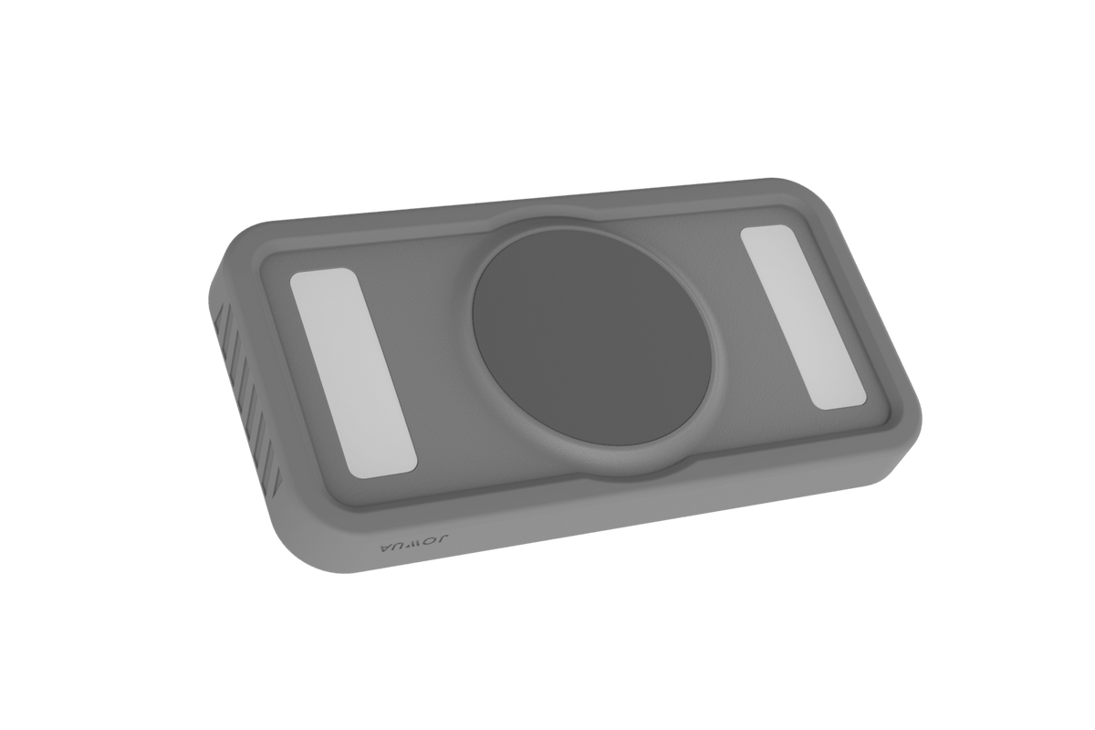 A rectangular, gray electronic device with a circular center and two rectangular white panels on either side—the JOWUA Portable LED Light, compatible with MagSafe and designed for wireless charging—is displayed against a plain white background.