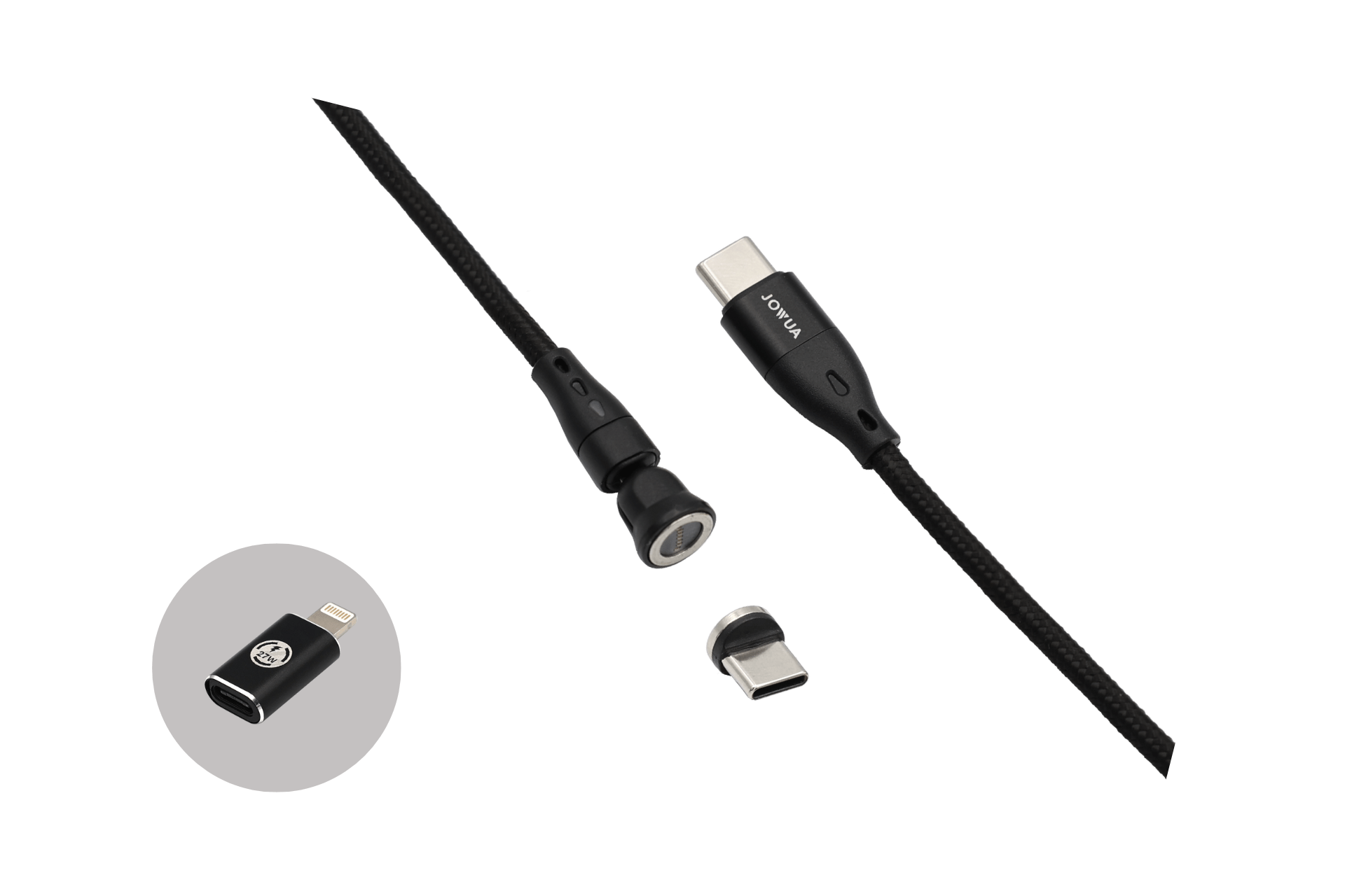 The JOWUA Magnetic Charging Cable USB-C to USB-C, available in lengths of 0.4M, 1M, and 1.8M, is shown against a white background. This black cable boasts detachable connectors with both USB-C and lightning tips and features a nylon-braided design with metallic finish on the connectors for enhanced durability and style—a sleek addition to your Tesla Model 3 accessories.