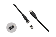 The JOWUA Magnetic Charging Cable USB-C to USB-C, available in lengths of 0.4M, 1M, and 1.8M, is shown against a white background. This black cable boasts detachable connectors with both USB-C and lightning tips and features a nylon-braided design with metallic finish on the connectors for enhanced durability and style—a sleek addition to your Tesla Model 3 accessories.