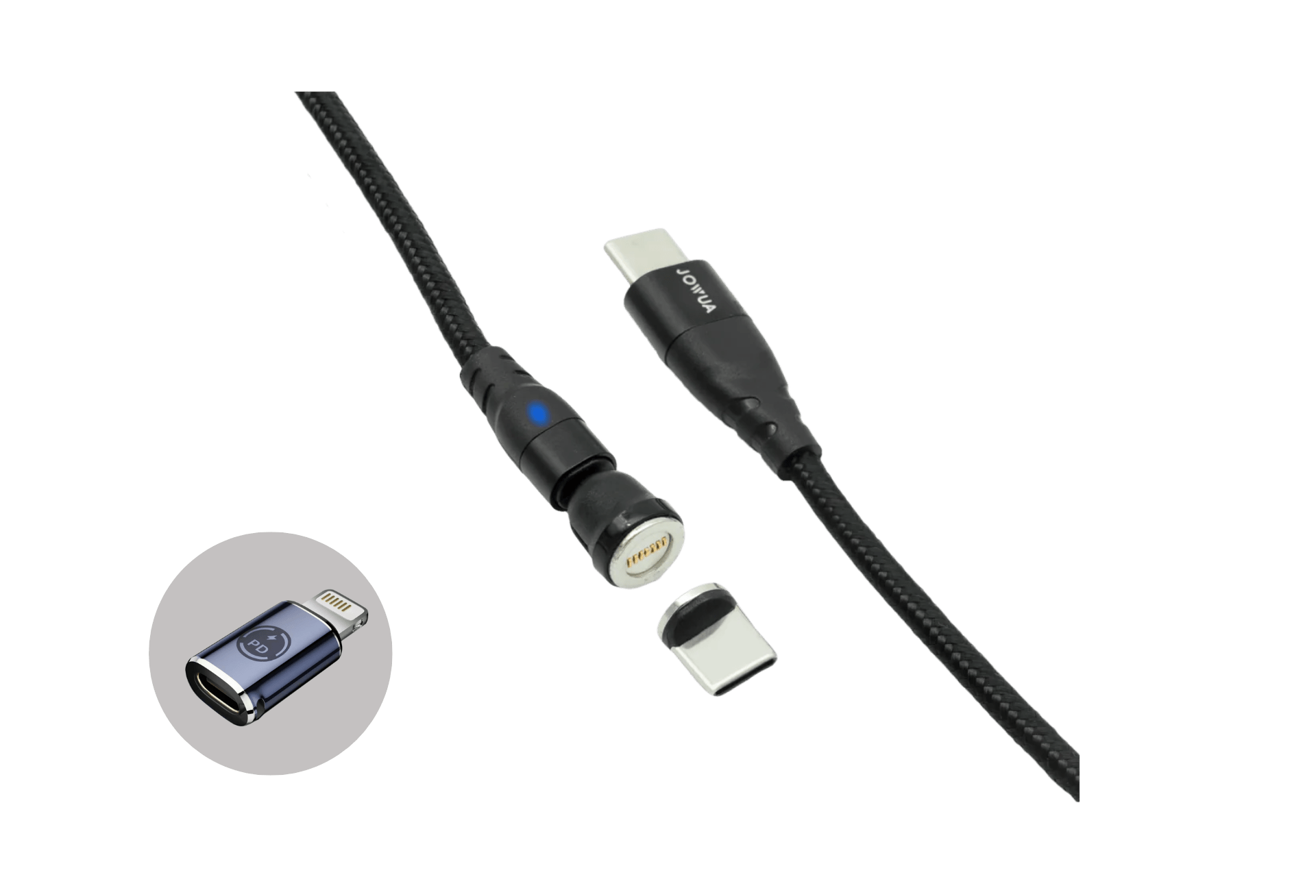 The JOWUA Magnetic Charging Cable USB-C to USB-C (available in lengths from 1M to 1.8M) is a black braided cable with a detachable magnetic connector, ideal for Tesla Model 3 accessories. It features a USB-C end and another connector equipped with a blue indicator light. Additionally, there is a magnetic USB-C adapter displayed in a circular inset on the left side.