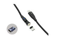 The JOWUA Magnetic Charging Cable USB-C to USB-C (available in lengths from 1M to 1.8M) is a black braided cable with a detachable magnetic connector, ideal for Tesla Model 3 accessories. It features a USB-C end and another connector equipped with a blue indicator light. Additionally, there is a magnetic USB-C adapter displayed in a circular inset on the left side.