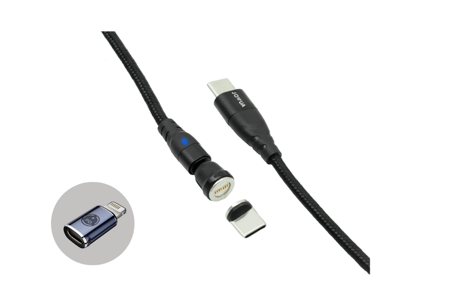 The JOWUA Magnetic Charging Cable USB-C to USB-C (available in lengths from 1M to 1.8M) is a black braided cable with a detachable magnetic connector, ideal for Tesla Model 3 accessories. It features a USB-C end and another connector equipped with a blue indicator light. Additionally, there is a magnetic USB-C adapter displayed in a circular inset on the left side.