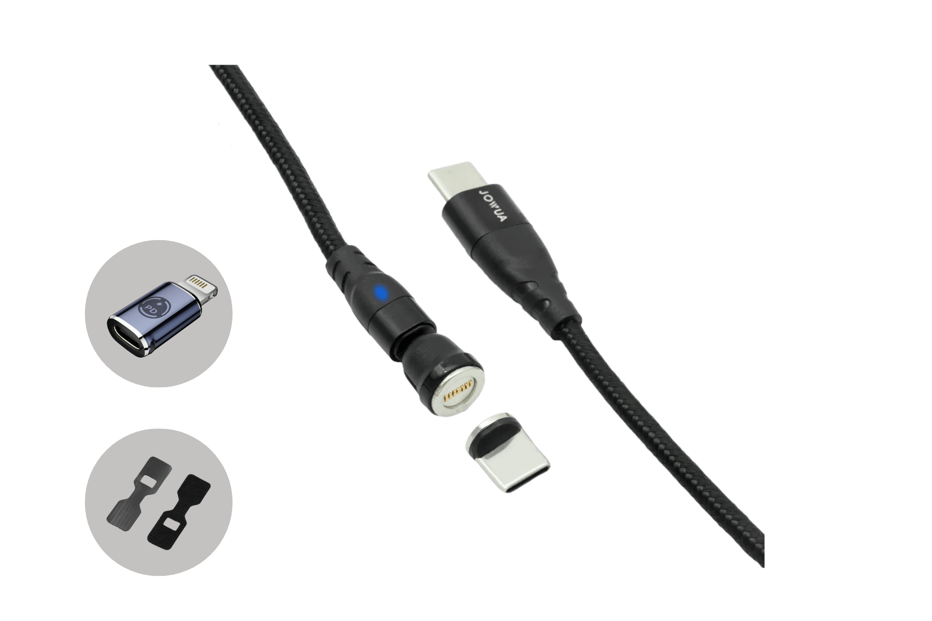 A sleek black Magnetic Charging Cable USB-C to USB-C, available in lengths ranging from 1M to 1.8M, by JOWUA. This versatile charging solution includes a detachable USB-C connector and a USB-A adapter, making it an ideal accessory for Tesla Model 3. It comes with two additional connectors for compatibility with various devices, ensuring seamless fast charging every time.
