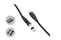 A sleek black Magnetic Charging Cable USB-C to USB-C, available in lengths ranging from 1M to 1.8M, by JOWUA. This versatile charging solution includes a detachable USB-C connector and a USB-A adapter, making it an ideal accessory for Tesla Model 3. It comes with two additional connectors for compatibility with various devices, ensuring seamless fast charging every time.