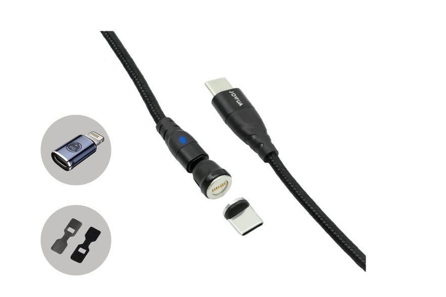 A sleek black Magnetic Charging Cable USB-C to USB-C, available in lengths ranging from 1M to 1.8M, by JOWUA. This versatile charging solution includes a detachable USB-C connector and a USB-A adapter, making it an ideal accessory for Tesla Model 3. It comes with two additional connectors for compatibility with various devices, ensuring seamless fast charging every time.
